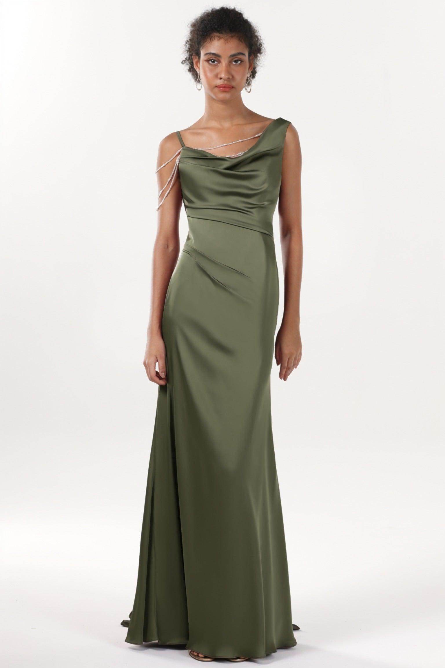 Sheath-Column Sweep-Brush Train Luxe Satin Bridesmaid Dress CS0600BM