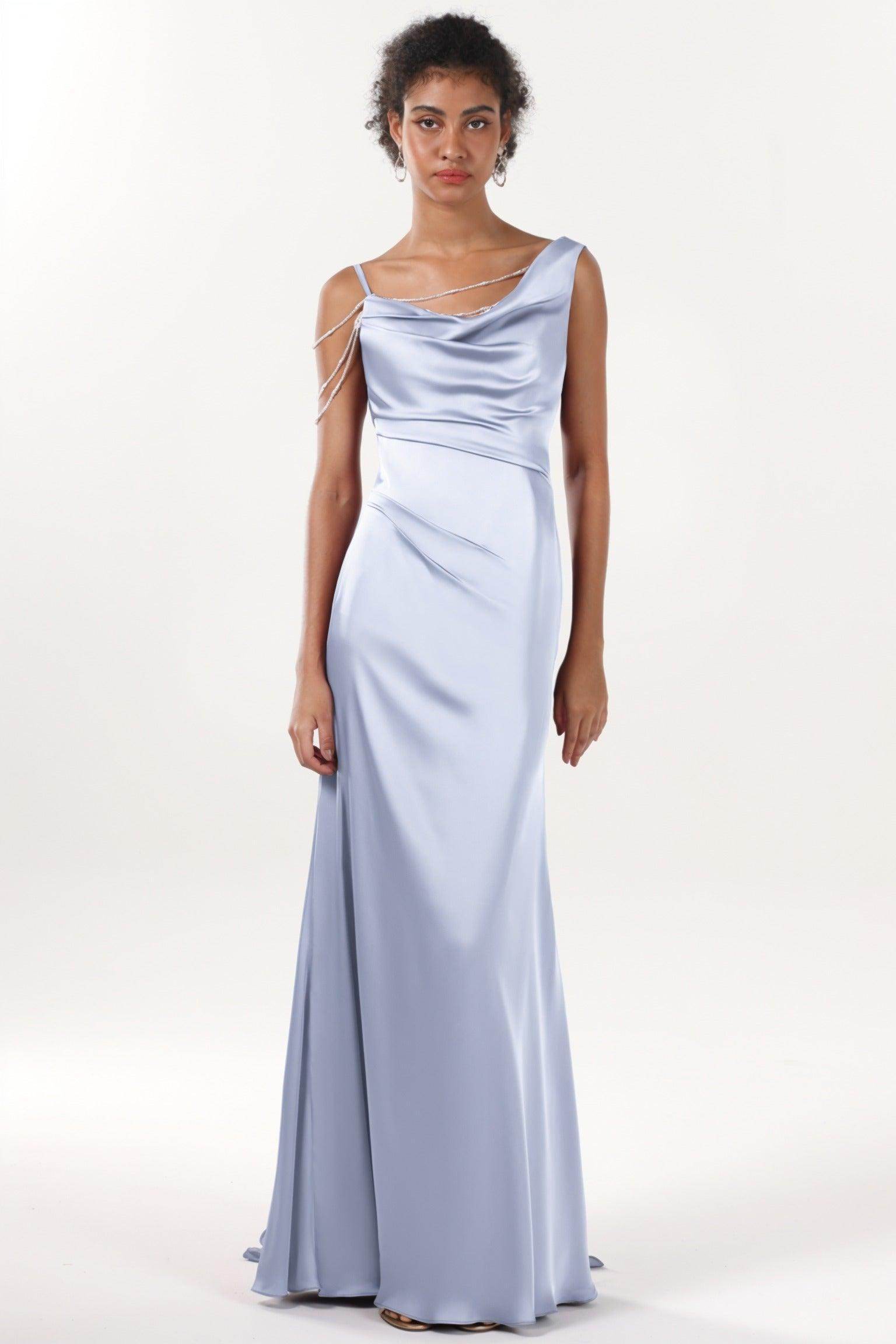 Sheath-Column Sweep-Brush Train Luxe Satin Bridesmaid Dress CS0600BM