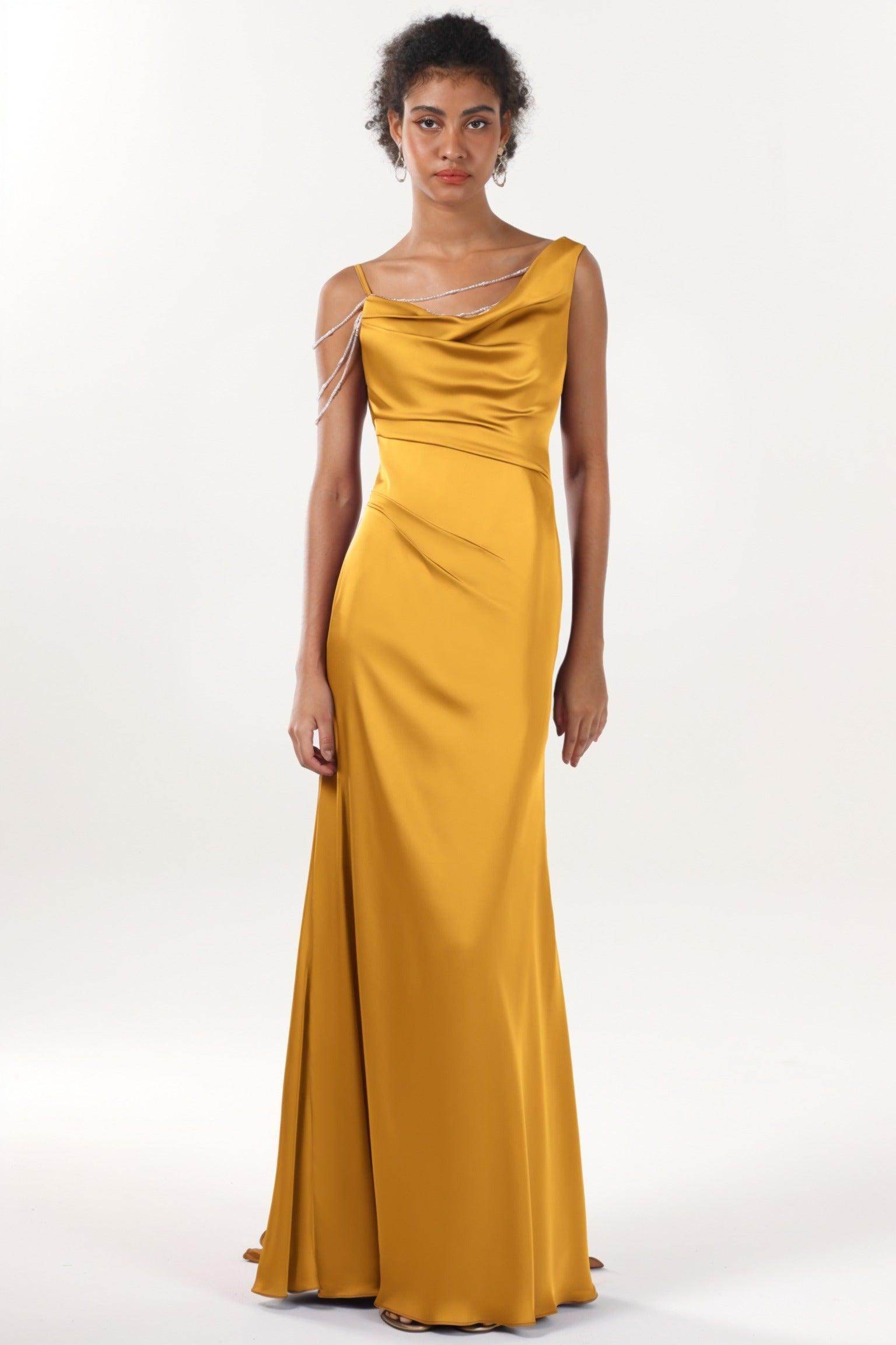 Sheath-Column Sweep-Brush Train Luxe Satin Bridesmaid Dress CS0600BM