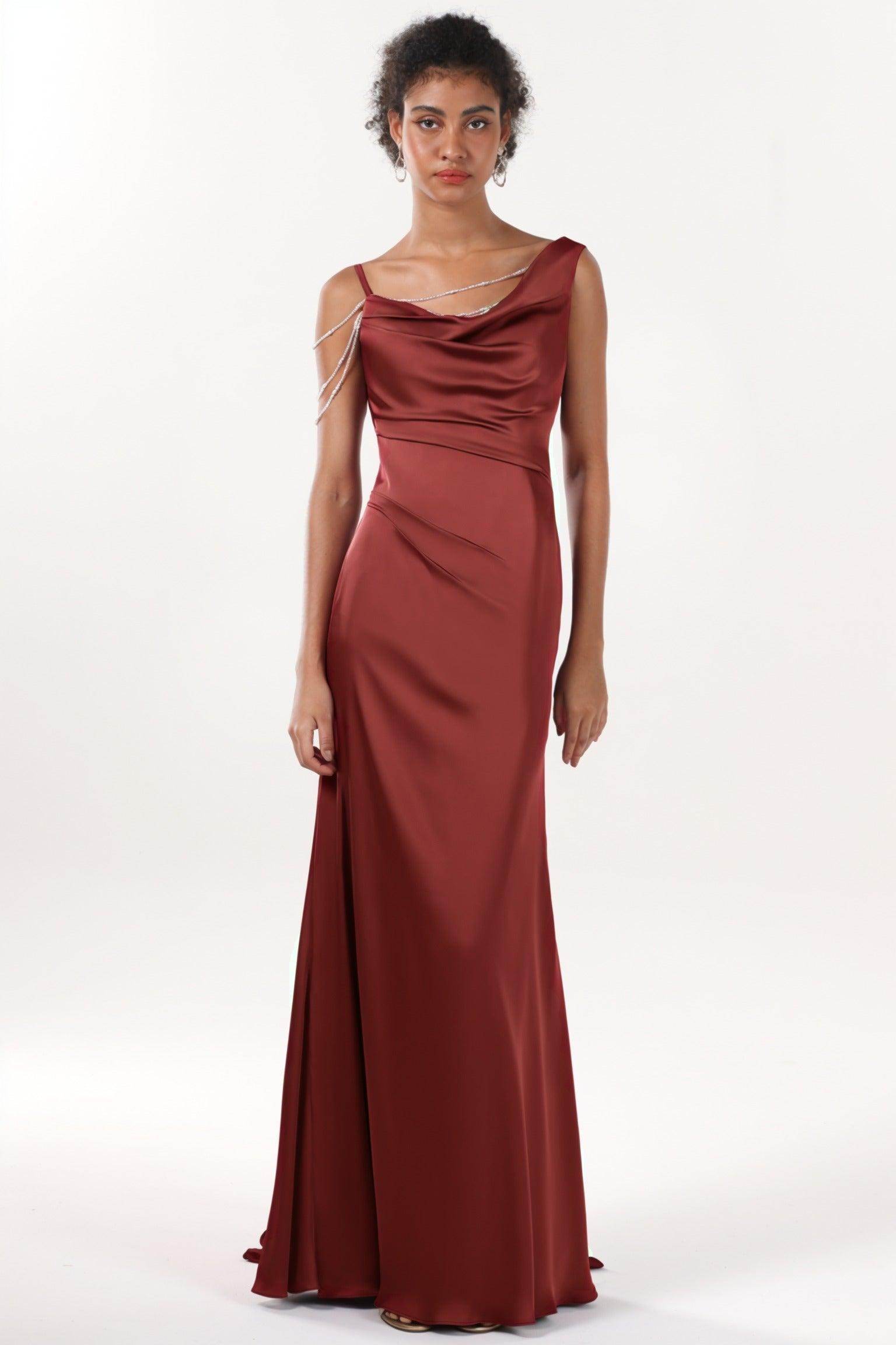 Sheath-Column Sweep-Brush Train Luxe Satin Bridesmaid Dress CS0600BM