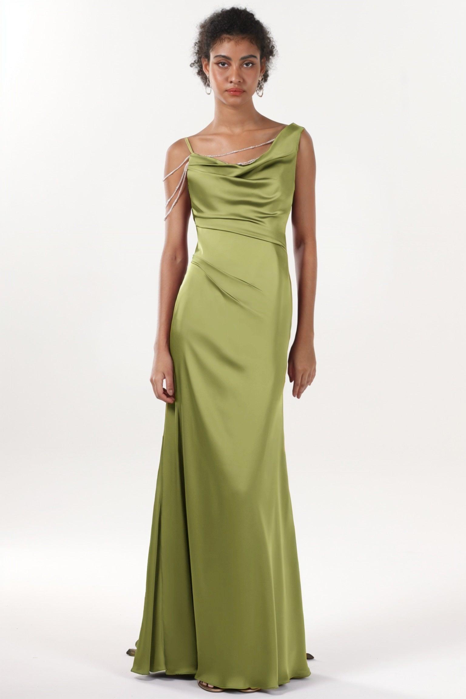 Sheath-Column Sweep-Brush Train Luxe Satin Bridesmaid Dress CS0600BM