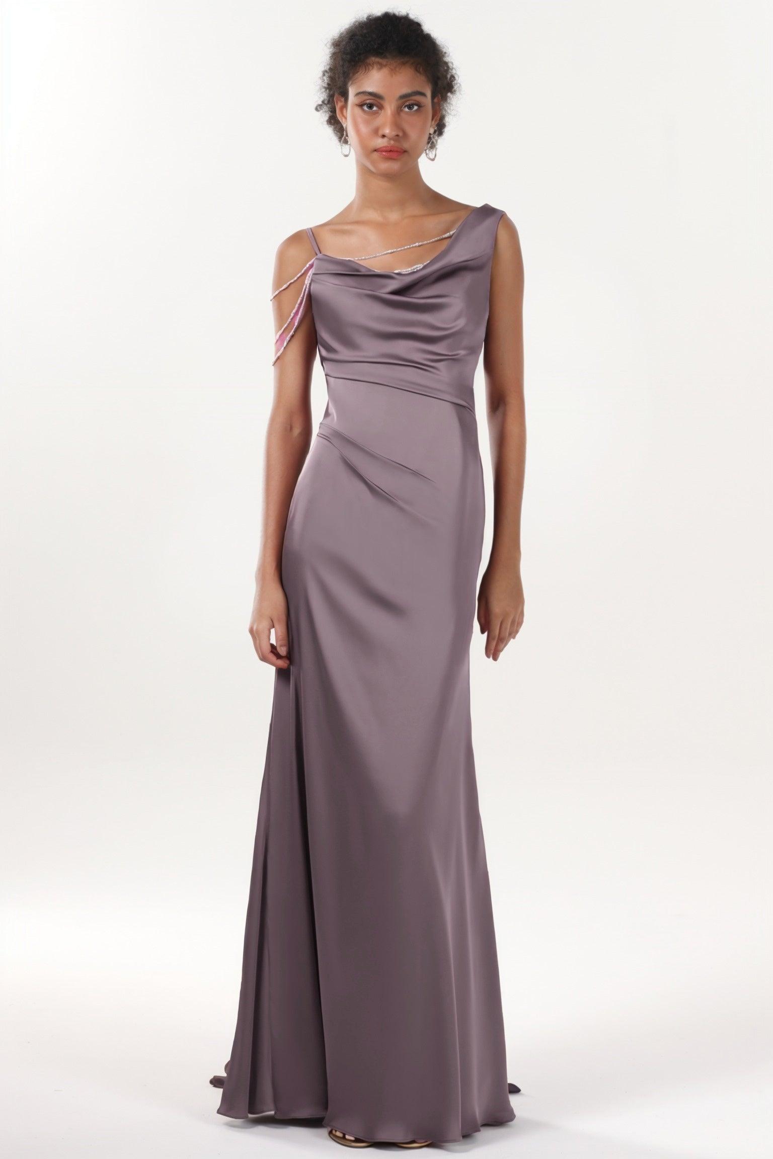 Sheath-Column Sweep-Brush Train Luxe Satin Bridesmaid Dress CS0600BM