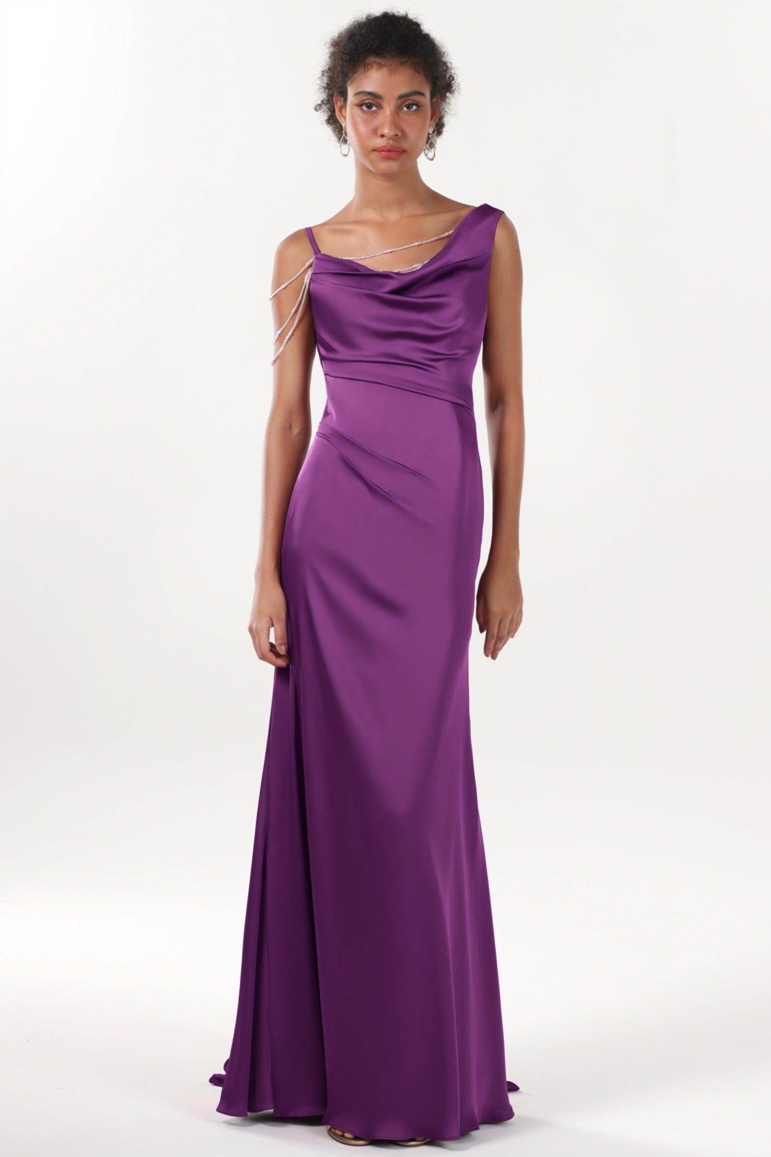 Sheath-Column Sweep-Brush Train Luxe Satin Bridesmaid Dress CS0600BM