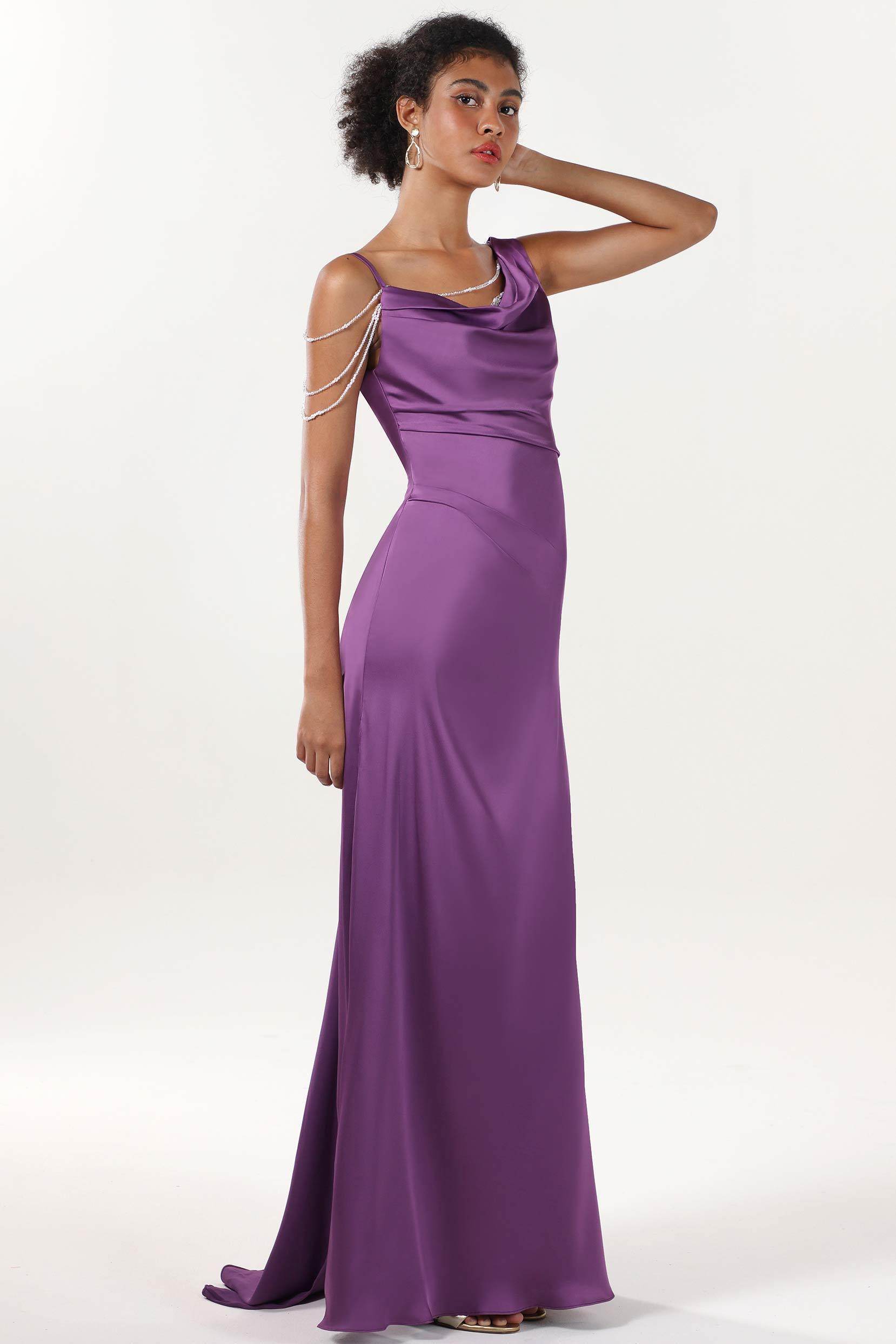 Sheath-Column Sweep-Brush Train Luxe Satin Bridesmaid Dress CS0600BM