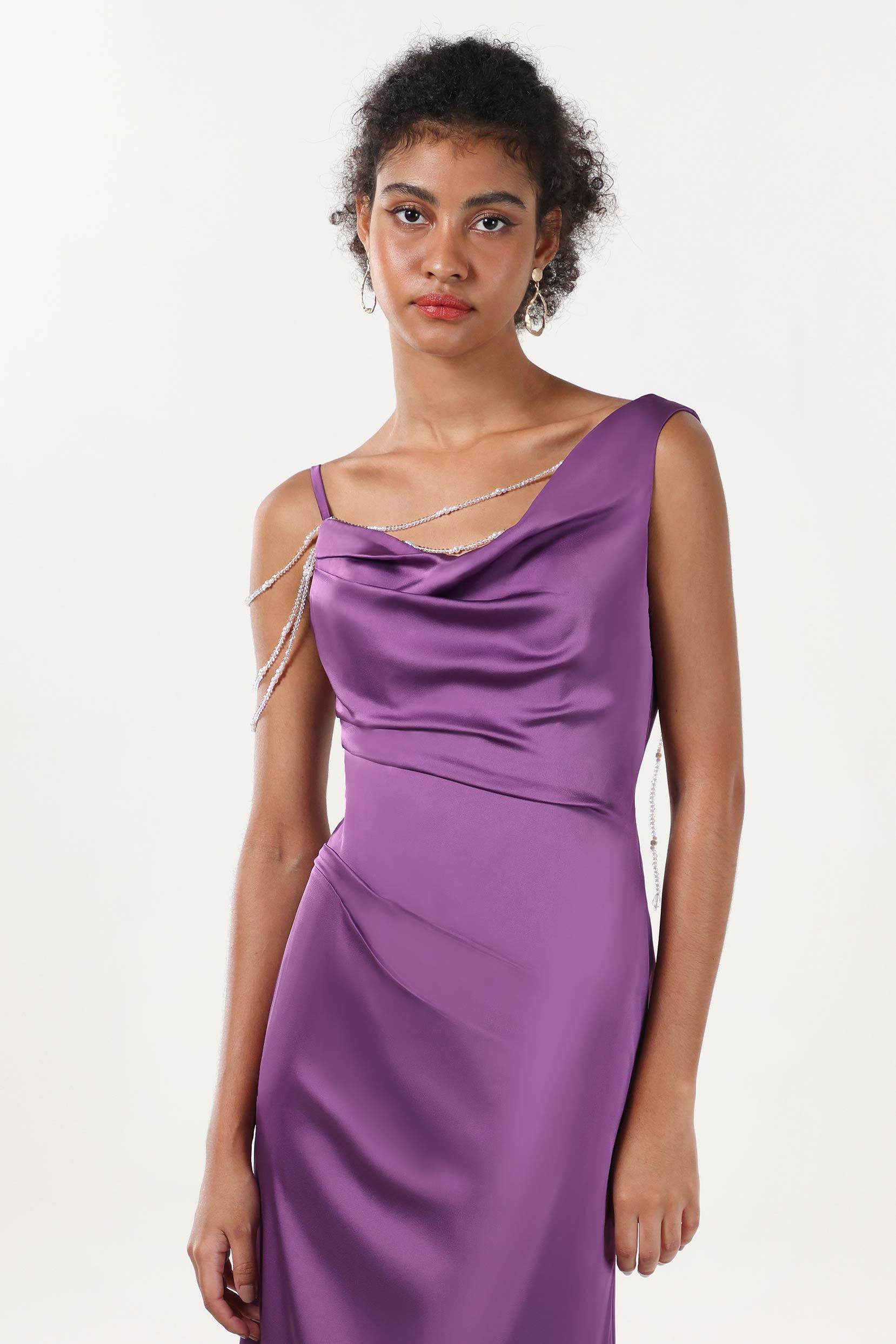 Sheath-Column Sweep-Brush Train Luxe Satin Bridesmaid Dress CS0600BM