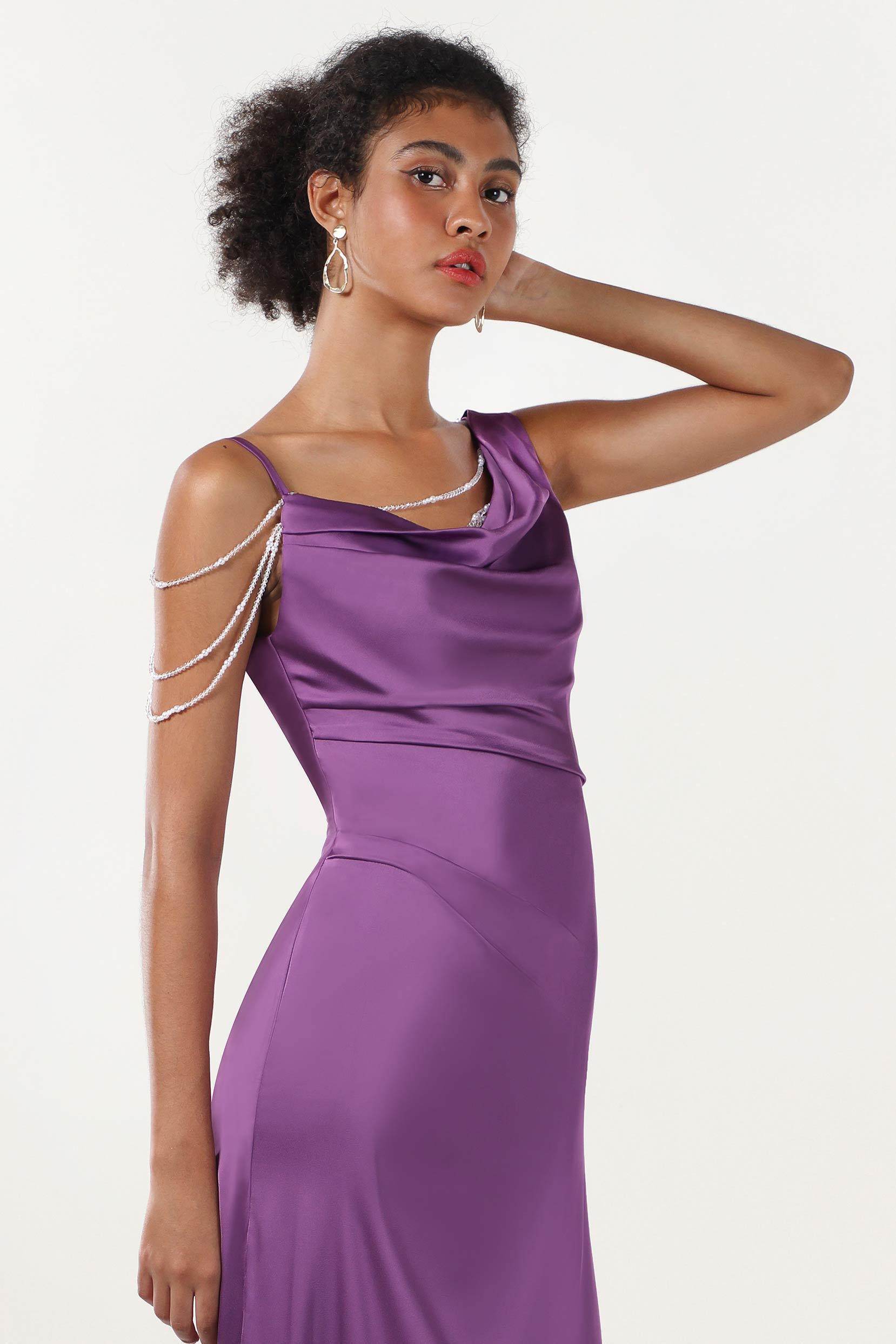 Sheath-Column Sweep-Brush Train Luxe Satin Bridesmaid Dress CS0600BM