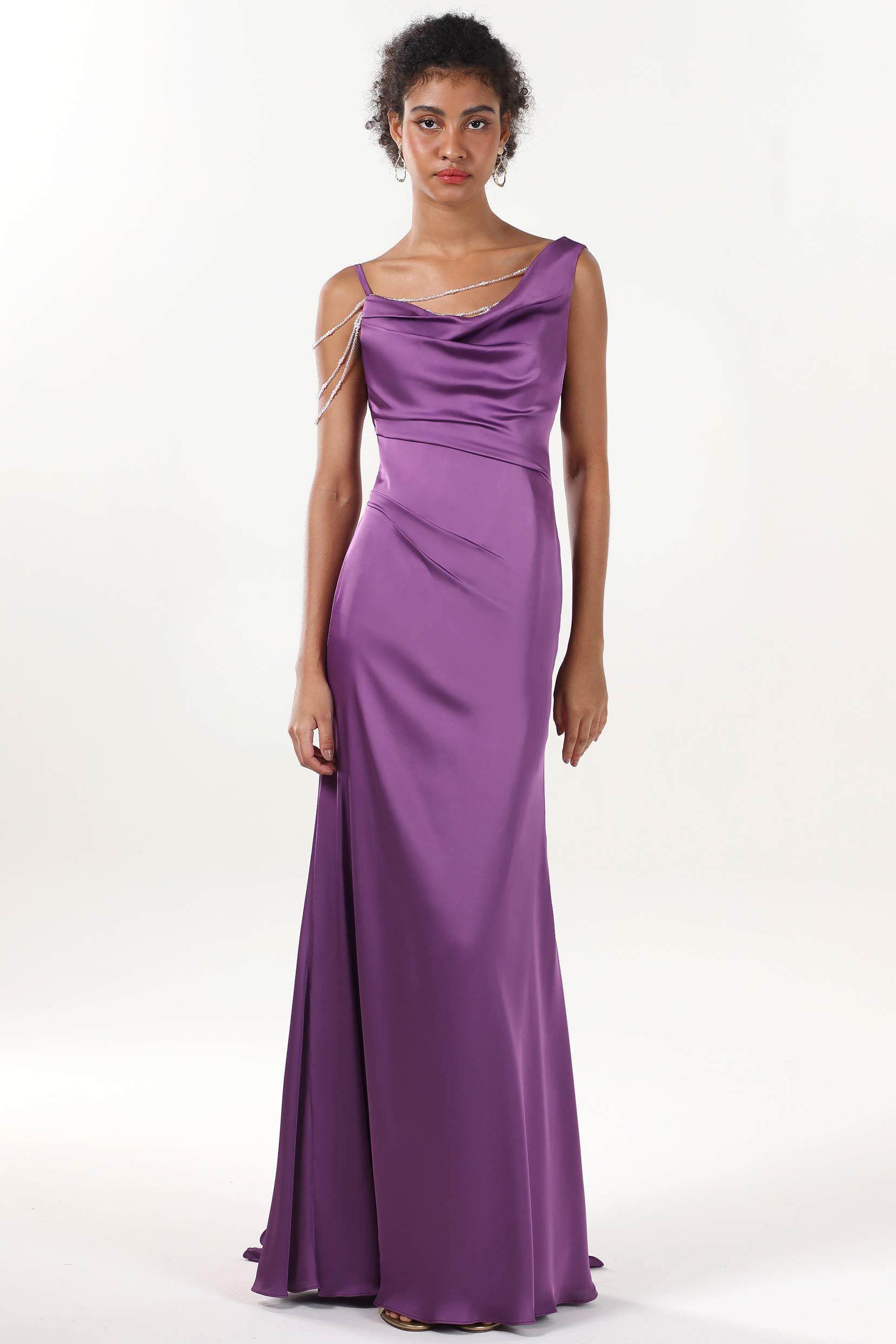 Sheath-Column Sweep-Brush Train Luxe Satin Bridesmaid Dress CS0600BM