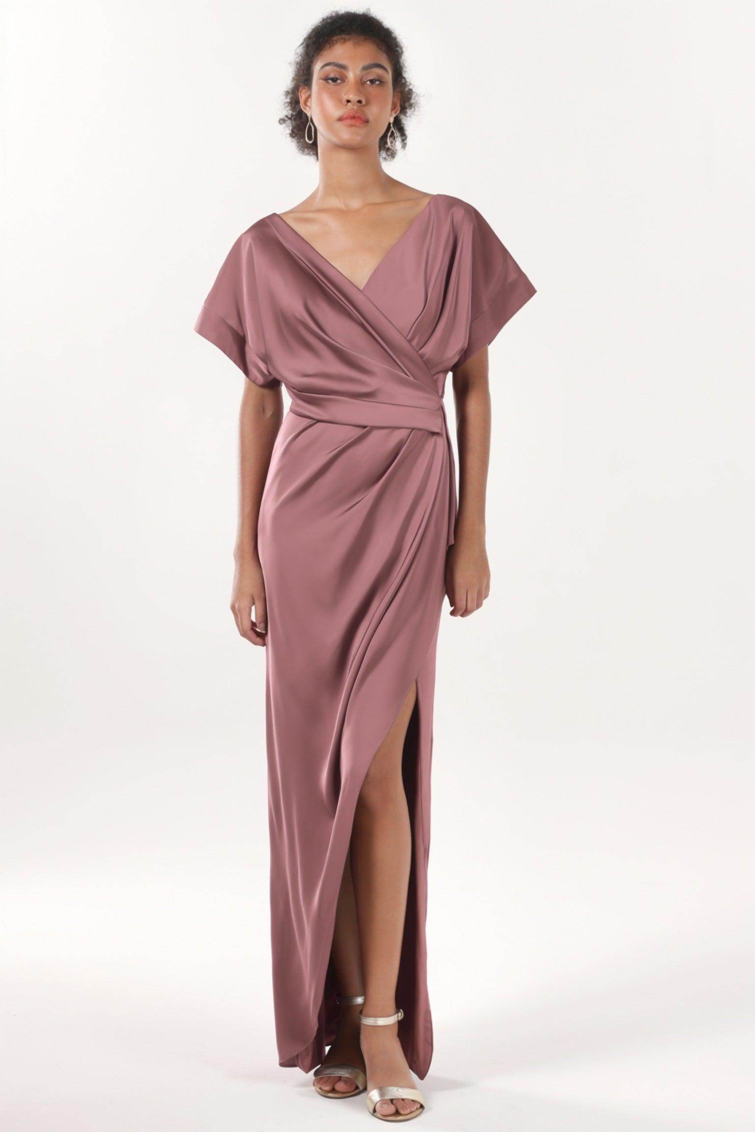 Sheath-Column Maxi Luxe Satin Bridesmaid Dress CS0601BM