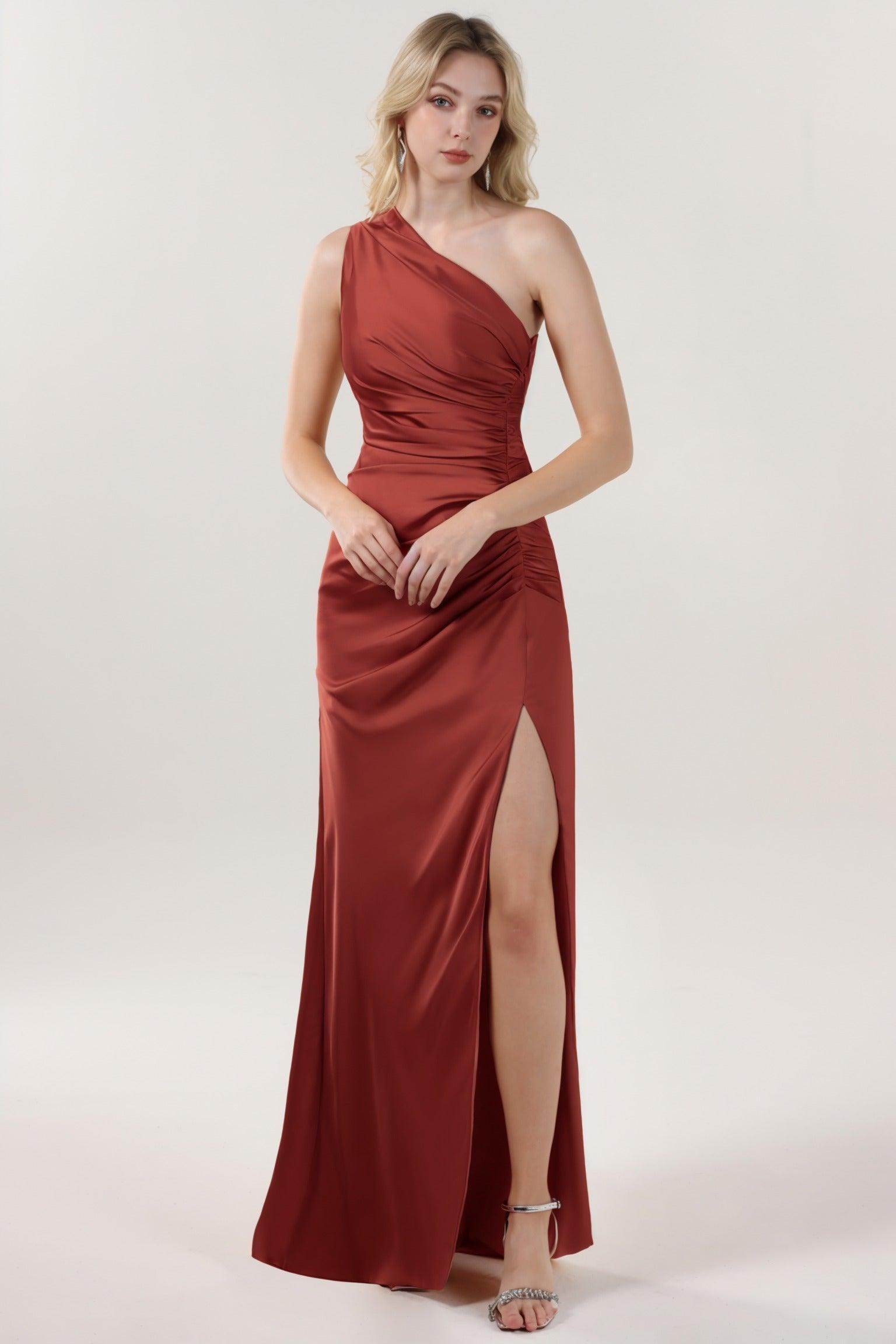 Sheath-Column Maxi Luxe Satin Bridesmaid Dress CS0606BM
