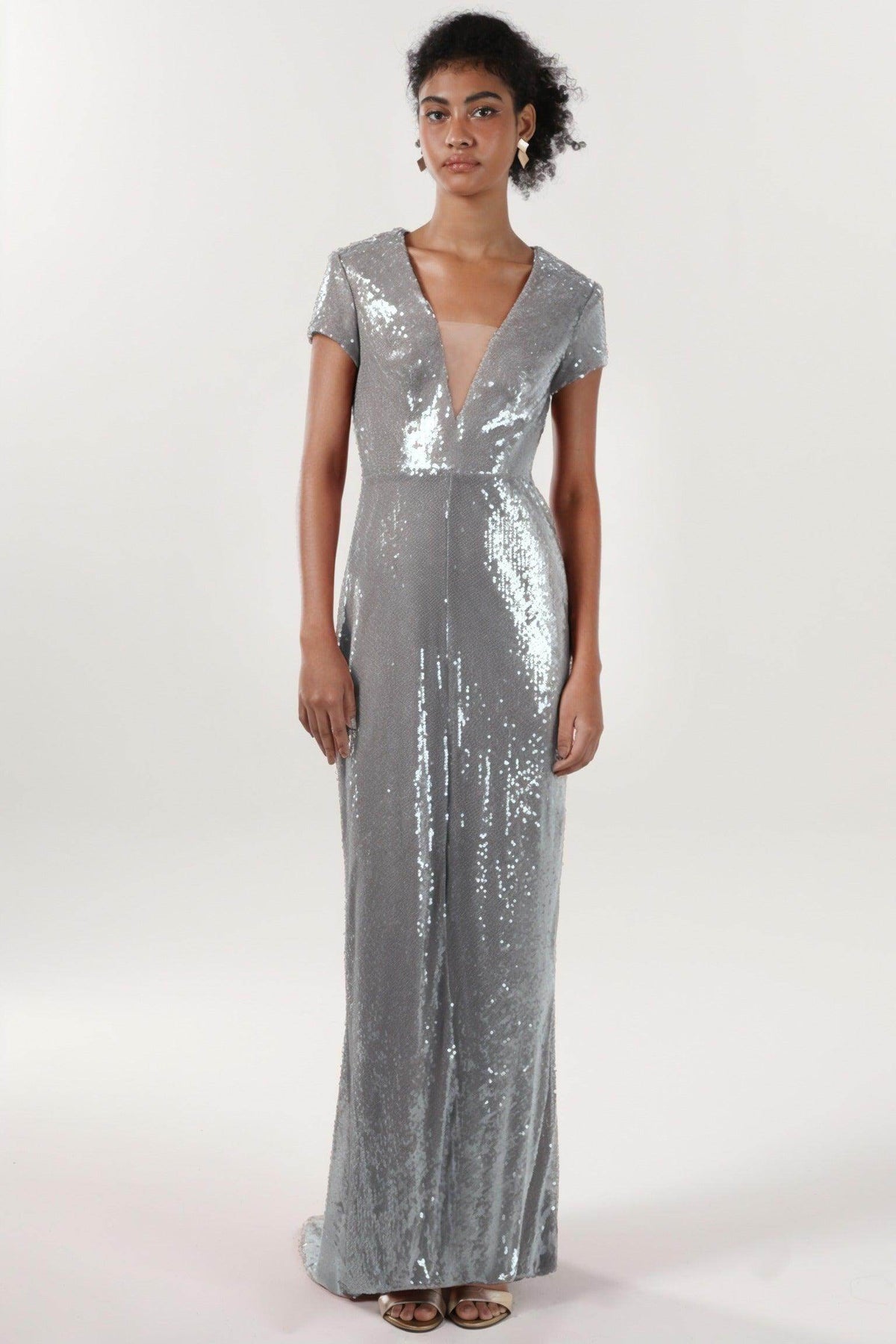 Sheath-Column Sweep-Brush Train Sequined Formal Dress CS0618
