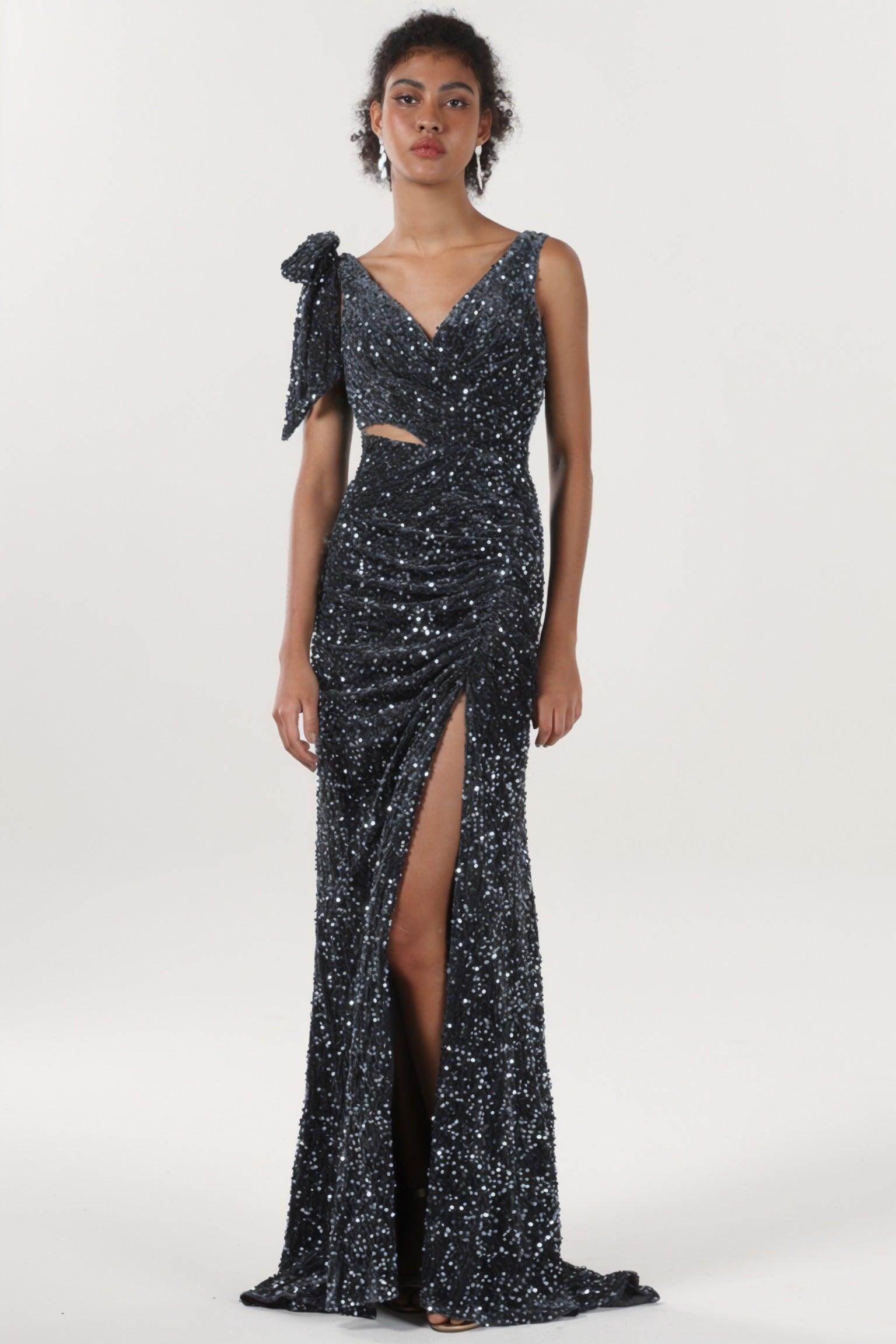 Sheath-Column Sweep-Brush Train Velvet Sequin Bridesmaid Dress CS0633BM