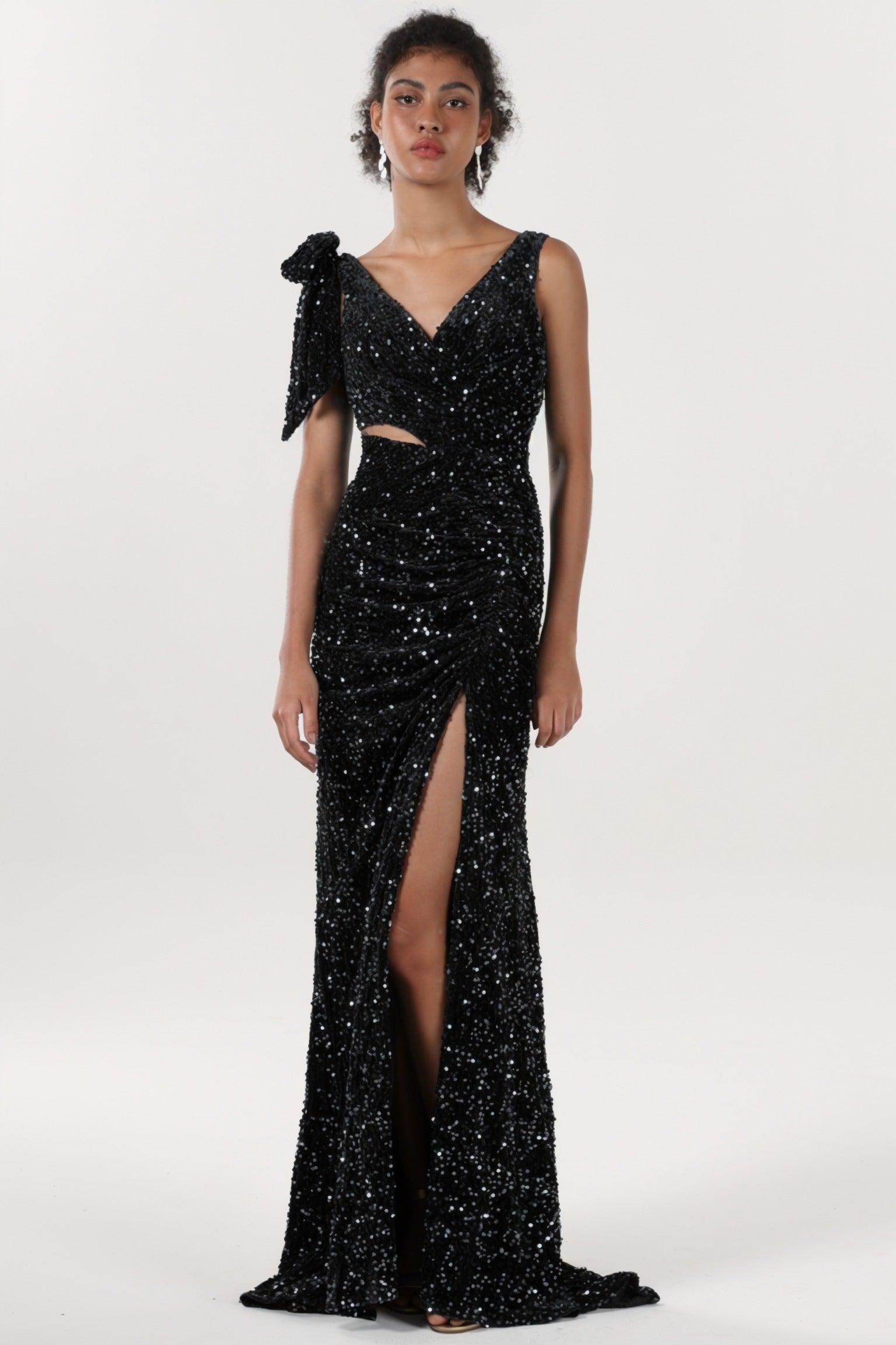 Sheath-Column Sweep-Brush Train Velvet Sequin Formal Dress CS0633