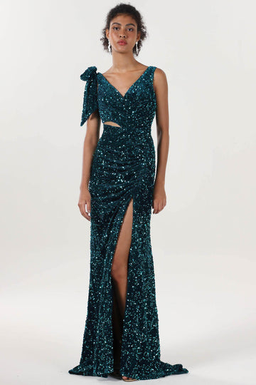 Sheath-Column Sweep-Brush Train Velvet Sequin Formal Dress CS0633