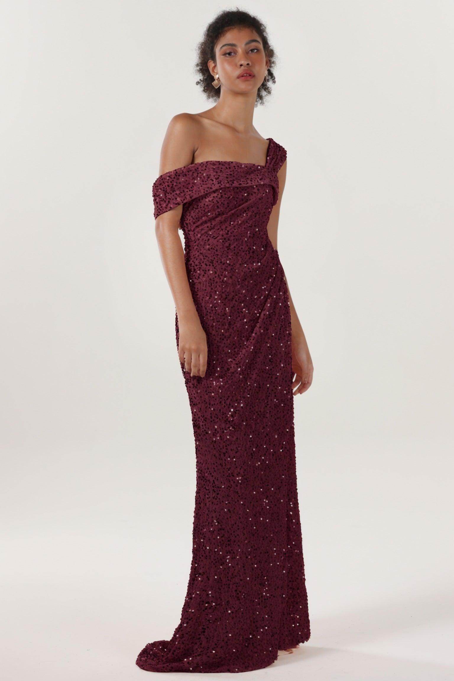 Sheath-Column Sweep-Brush Train Velvet Sequin Bridesmaid Dress CS0635BM