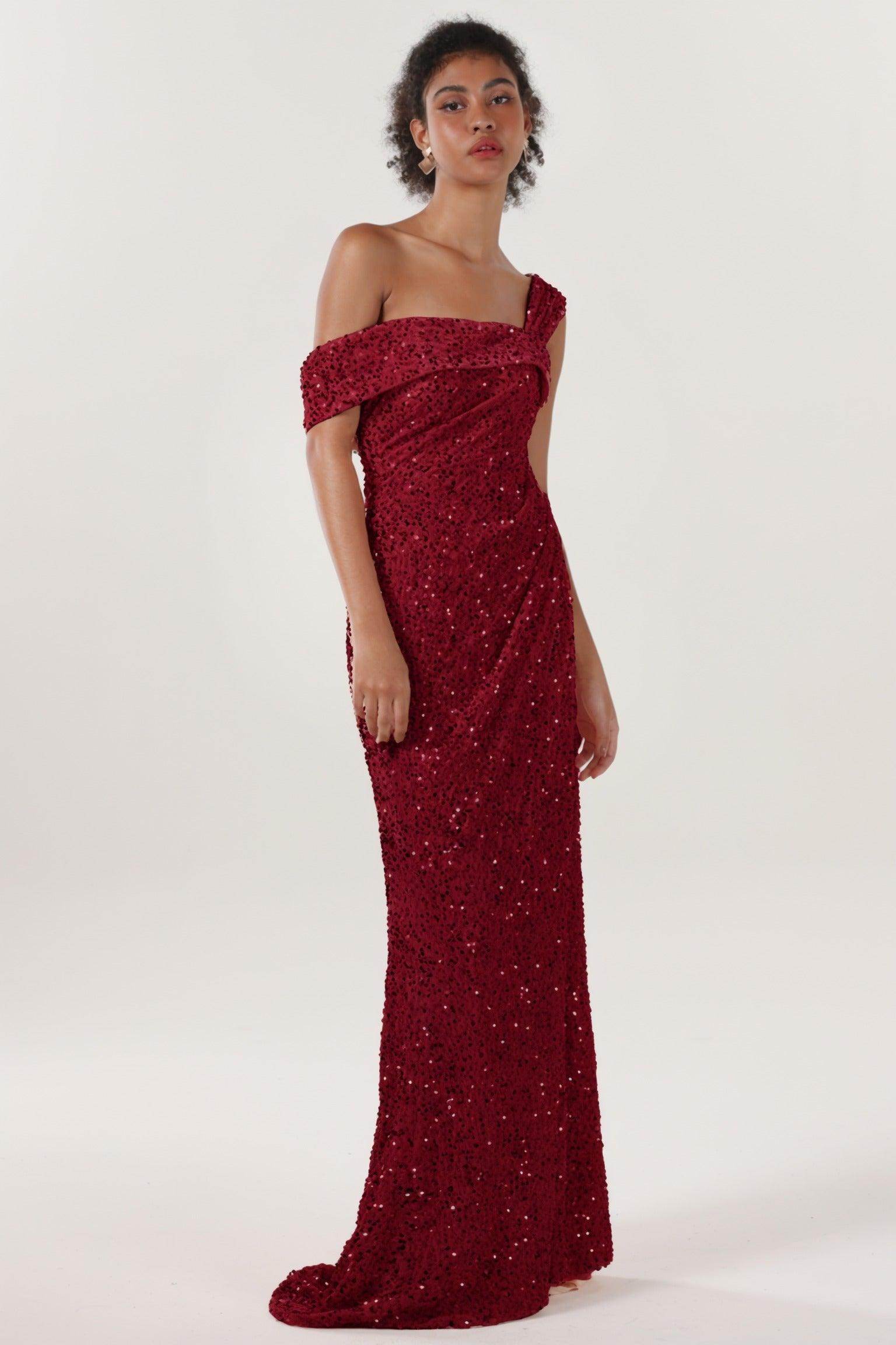 Sheath-Column Sweep-Brush Train Velvet Sequin Bridesmaid Dress CS0635BM