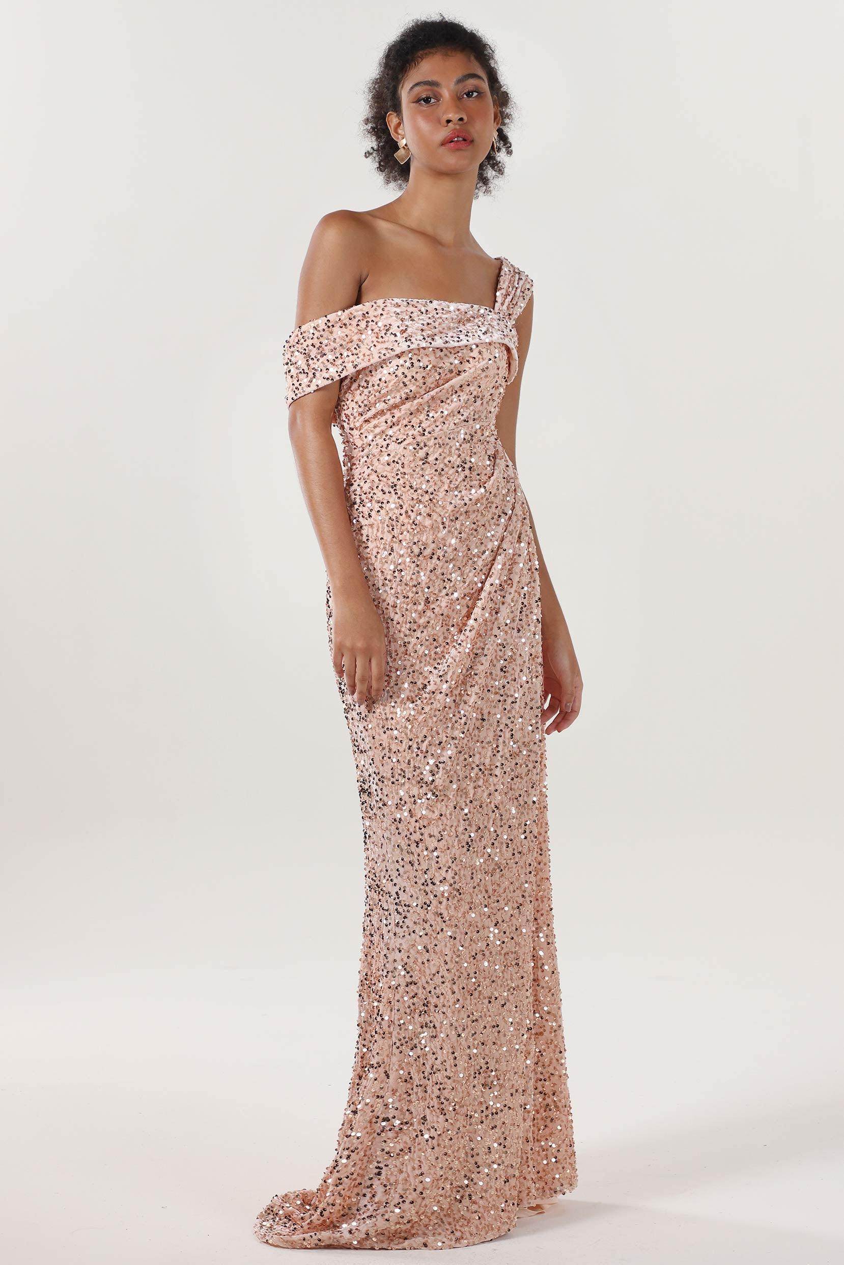Sheath-Column Sweep-Brush Train Velvet Sequin Bridesmaid Dress CS0635BM