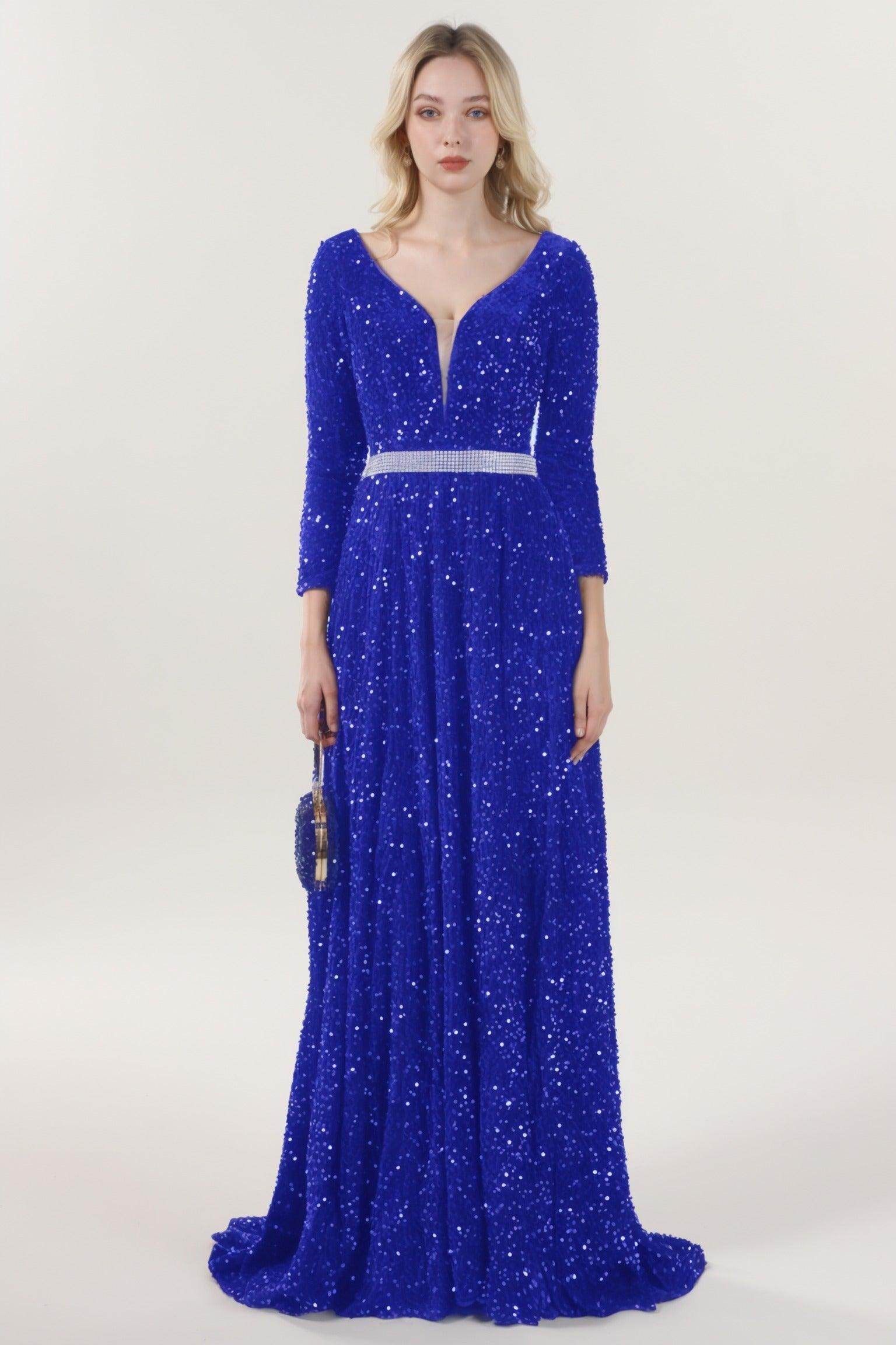 A-Line Sweep-Brush Train Velvet Sequin Bridesmaid Dress CS0636BM