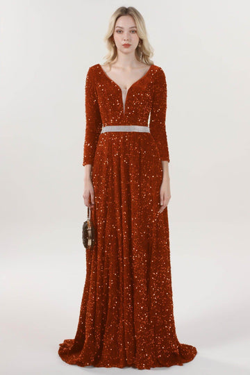 A-Line Sweep-Brush Train Velvet Sequin Bridesmaid Dress CS0636BM