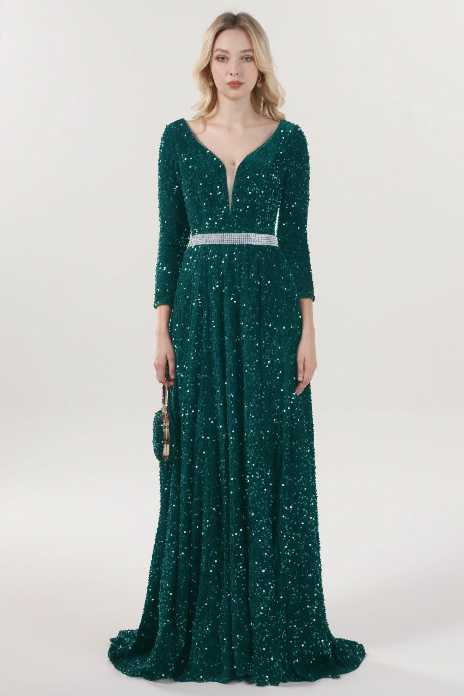 A-Line Sweep-Brush Train Velvet Sequin Bridesmaid Dress CS0636BM