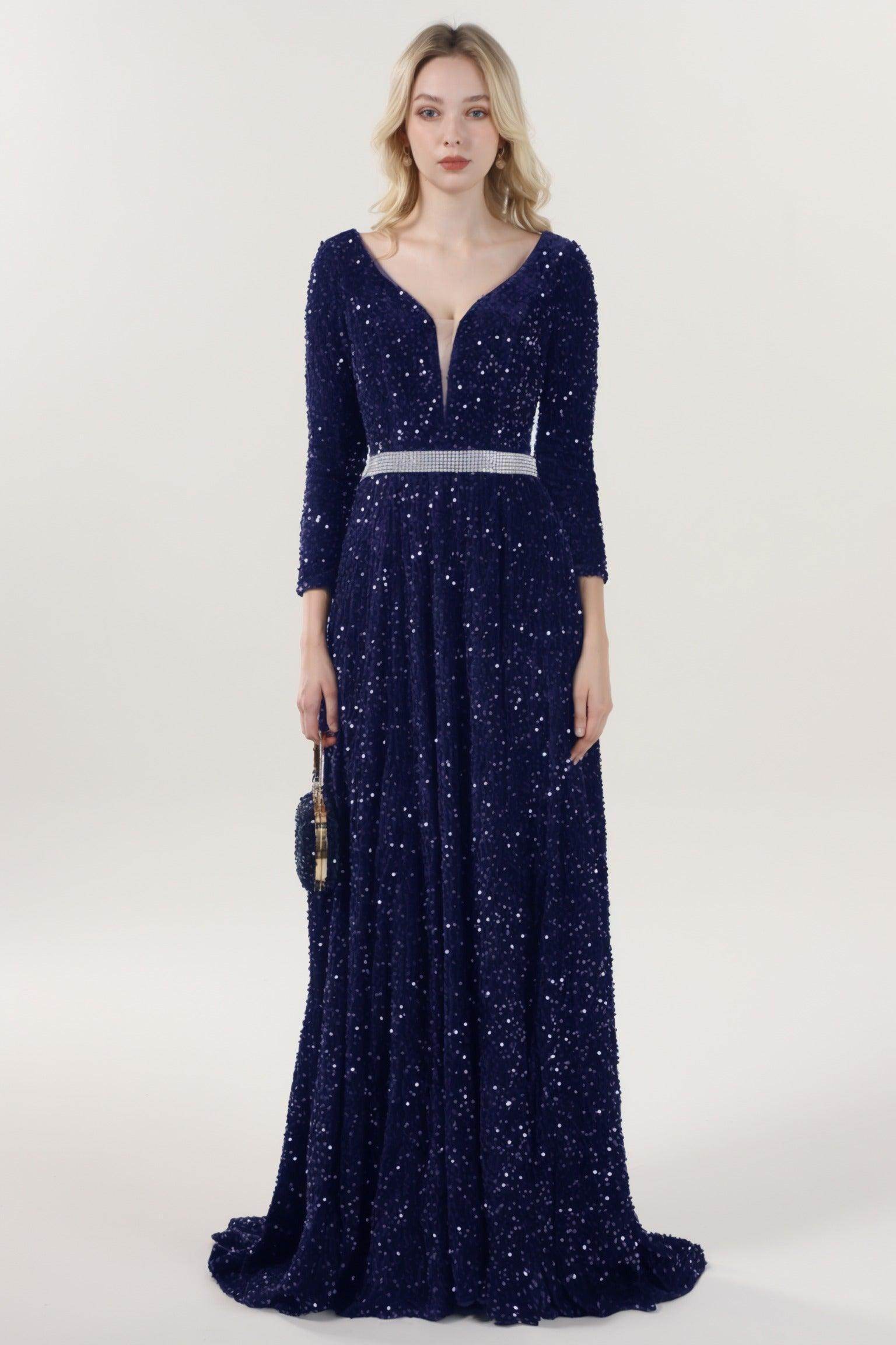A-Line Sweep-Brush Train Velvet Sequin Bridesmaid Dress CS0636BM