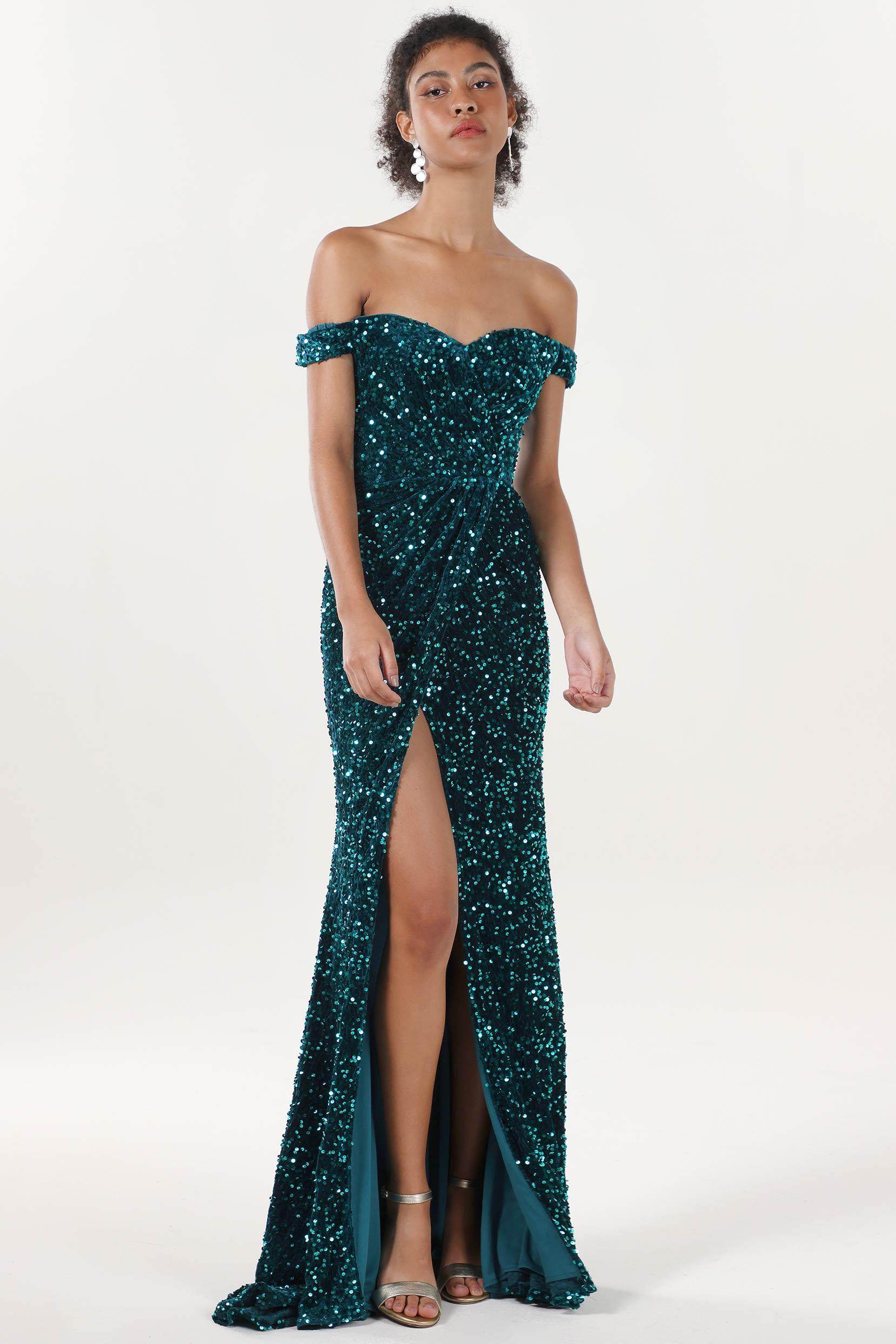 Sheath-Column Sweep-Brush Train Velvet Sequin Formal Dress CS0639