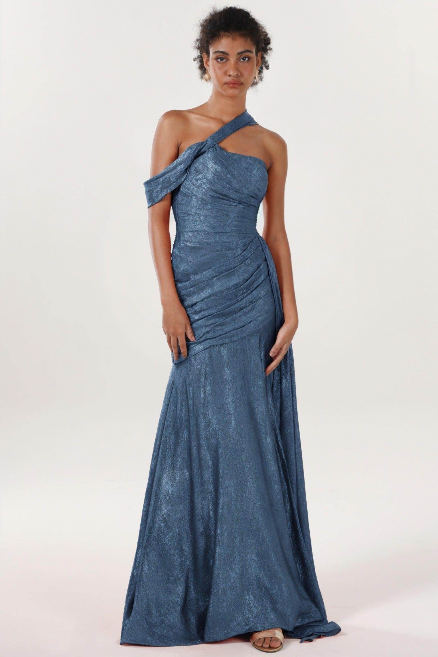 Sheath-Column Sweep-Brush Train Metallic Formal Dress CS0641