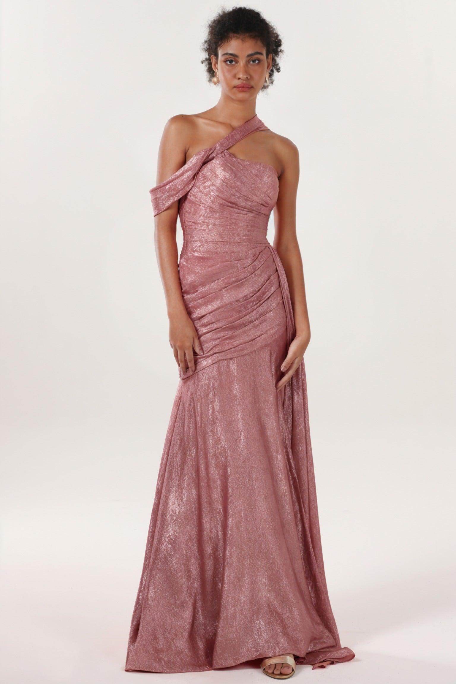 Sheath-Column Sweep-Brush Train Metallic Formal Dress CS0641