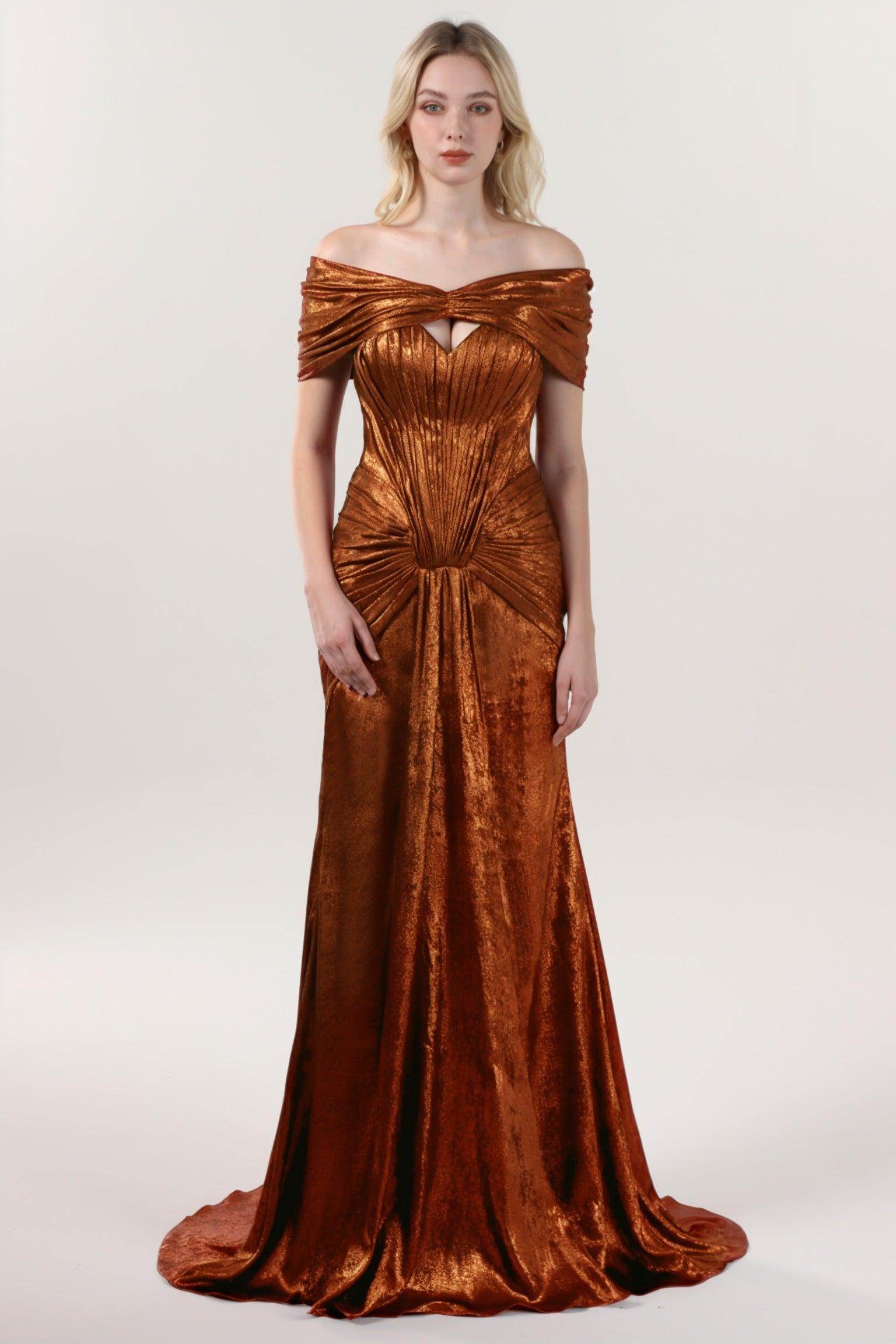 Trumpet-Mermaid Sweep-Brush Train Metallic Formal Dress CS0646