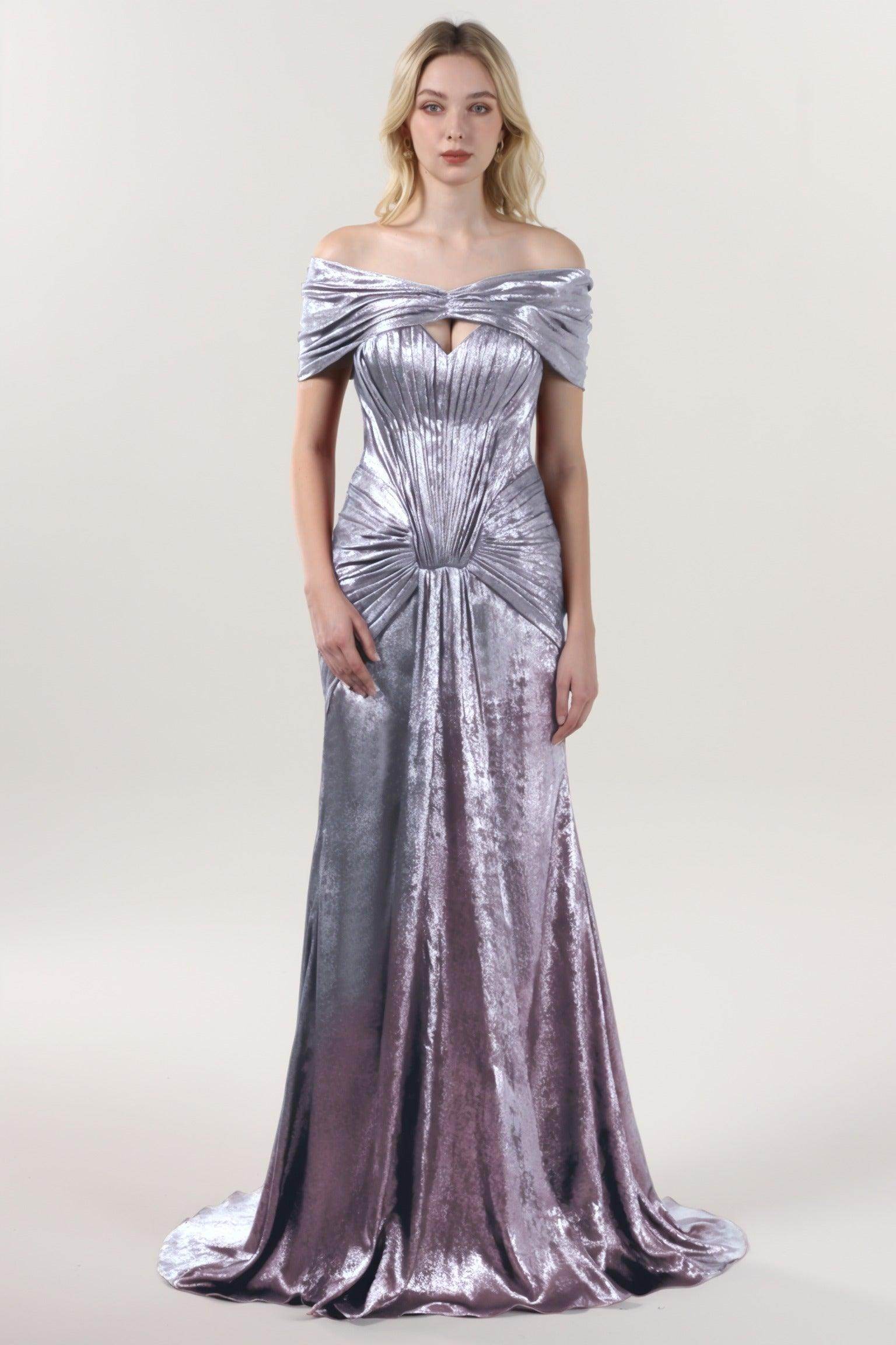 Trumpet-Mermaid Sweep-Brush Train Metallic Formal Dress CS0646