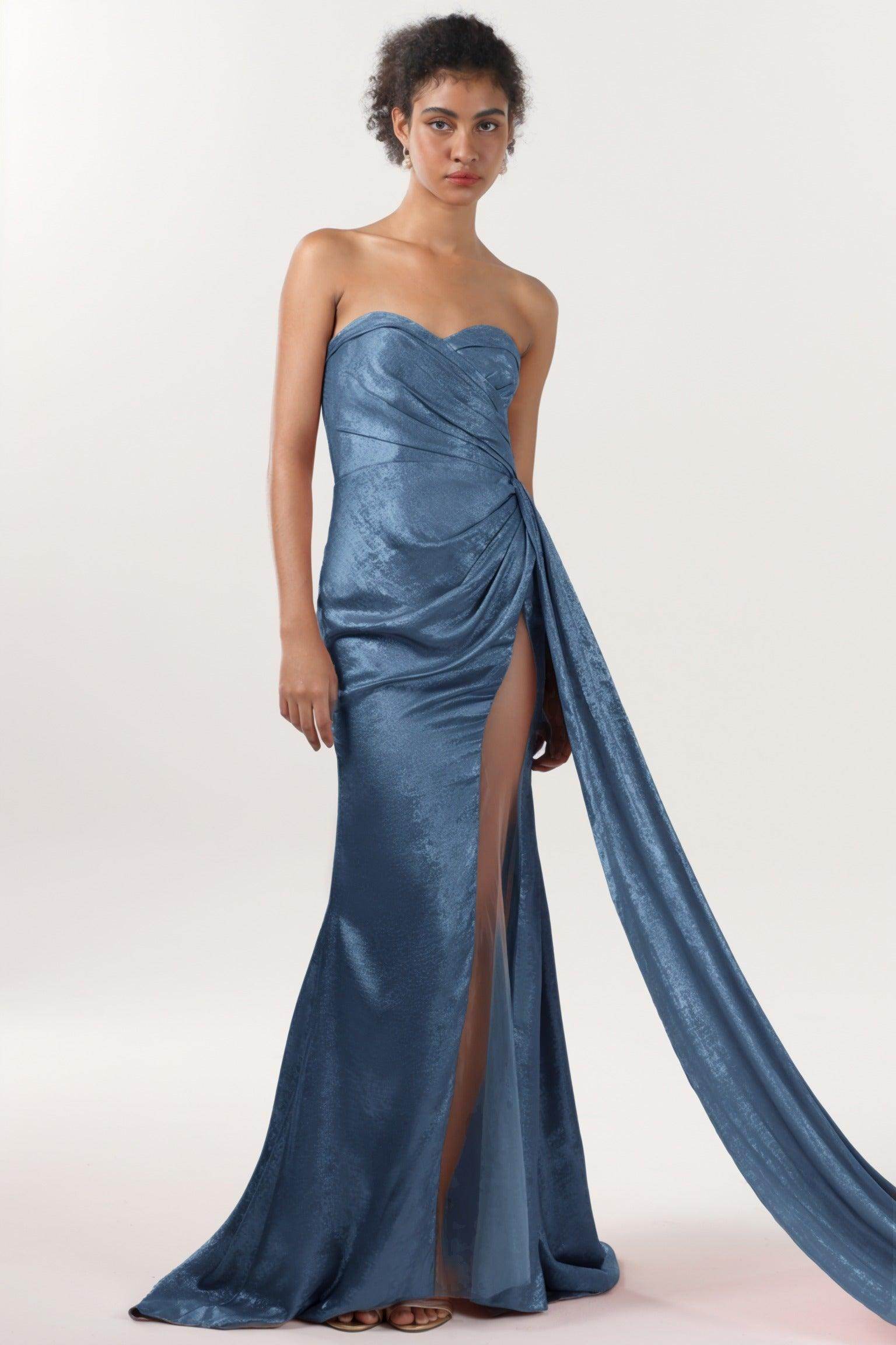 Trumpet-Mermaid Sweep-Brush Train Metallic Formal Dress CS0651