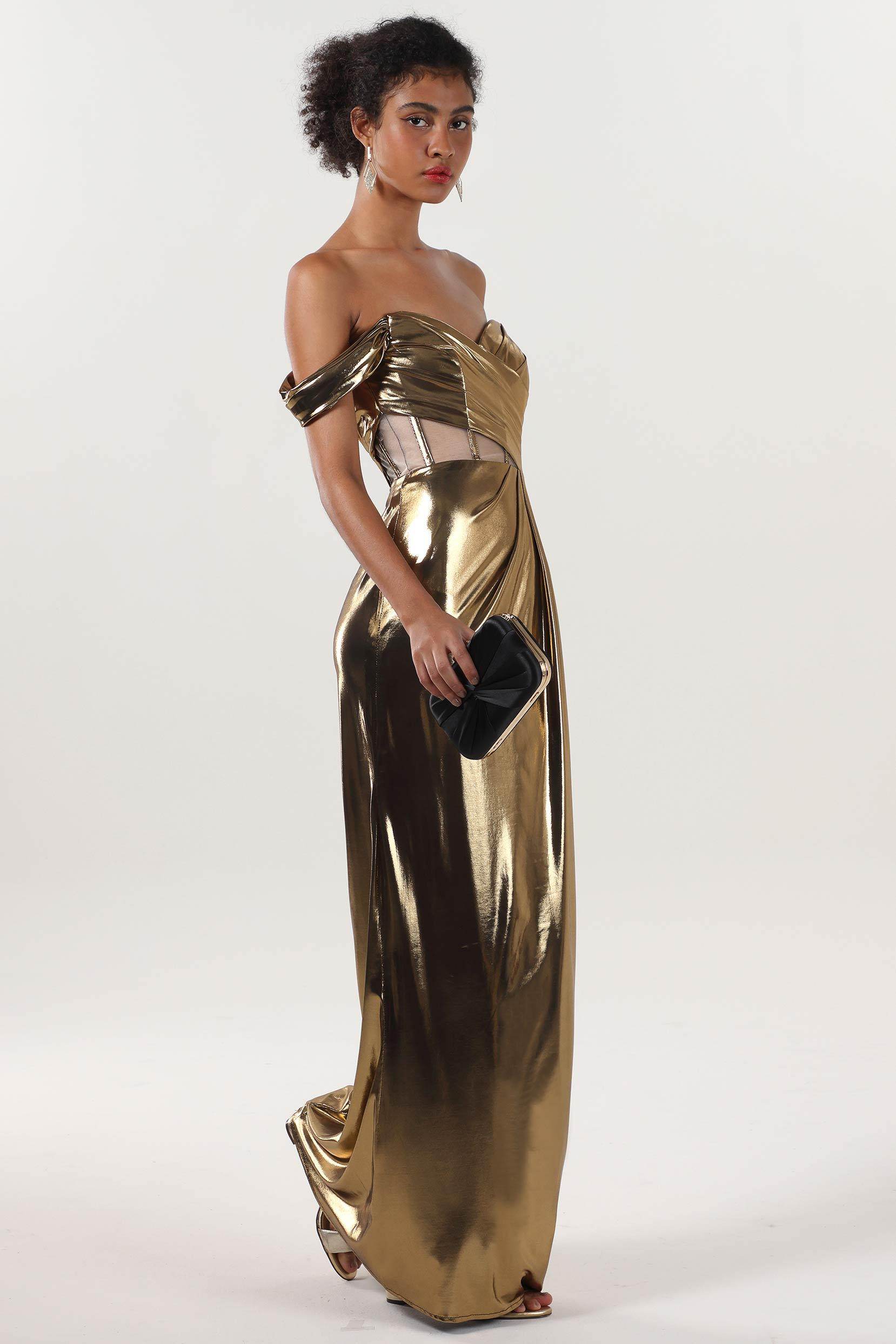 Sheath-Column Maxi Metallic Formal Dress CS0658