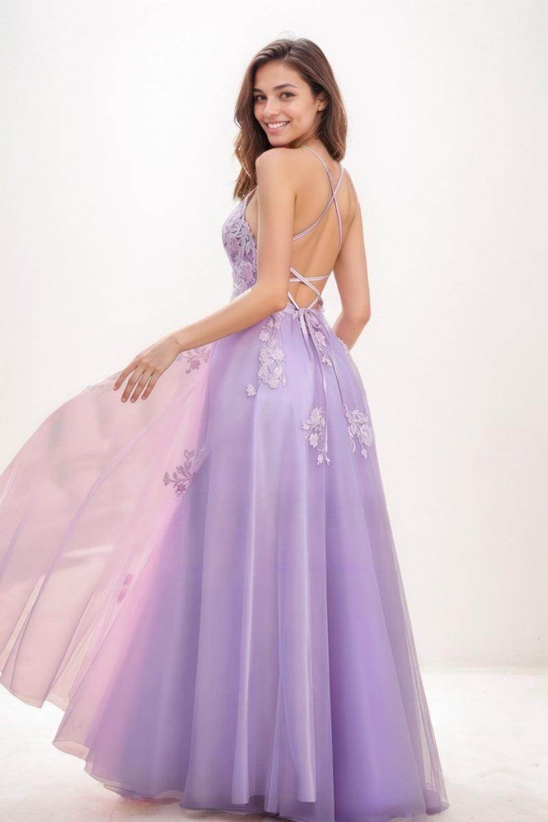 Lace V-Neck Corset A-Line Floor-Length Tulle Prom Dresses CS0723