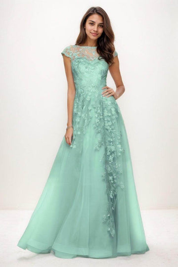 Illusion Neck A-Line Sweep Train Lace/Tulle Prom Dresses CS0747
