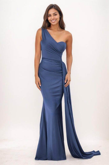 One-Shoulder Sweep Train Satin Prom Dresses With CS0772