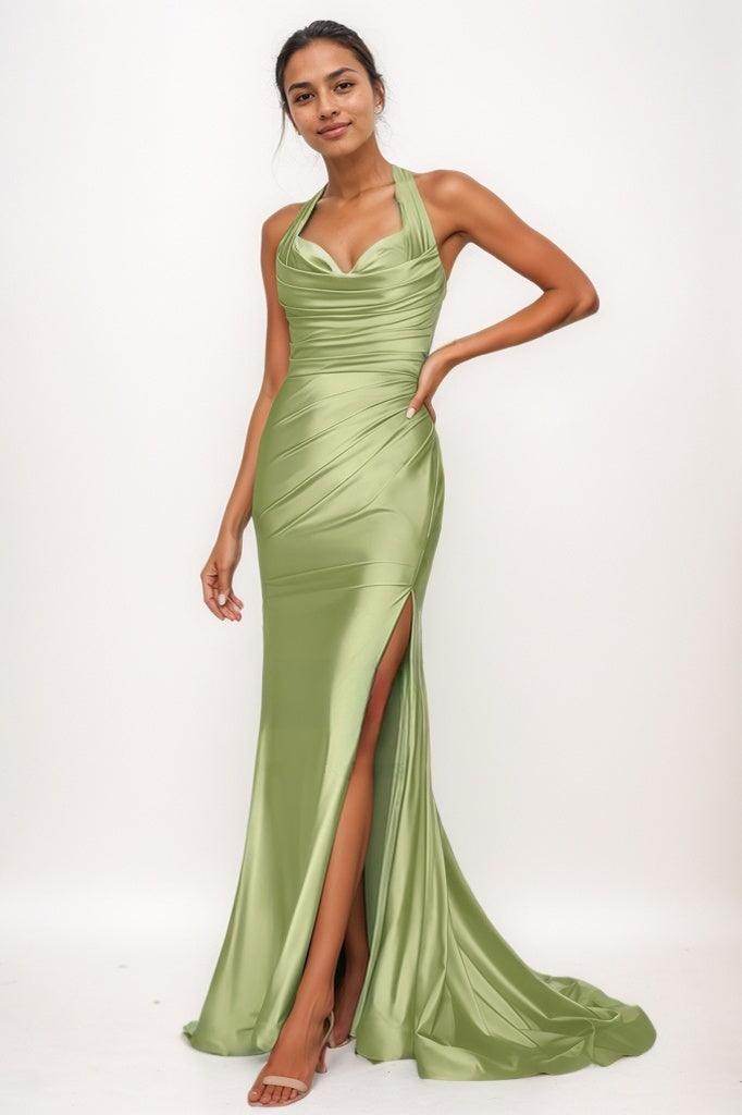 Elegant Halter Ruched High Split Sweep Train Prom Dresses CS0774