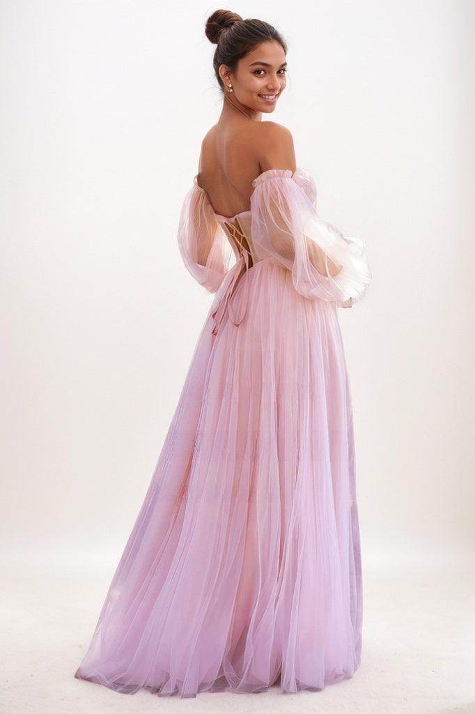 Off-The-Shoulder Long Lantern Sleeves Tulle Prom Dresses CS0776