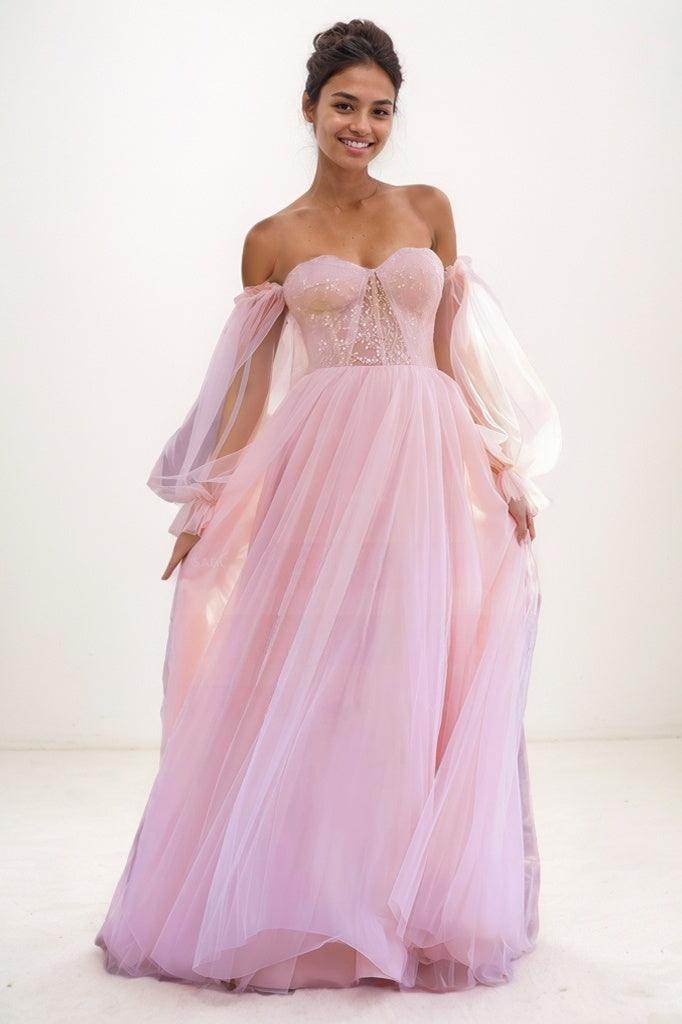 Off-The-Shoulder Long Lantern Sleeves Tulle Prom Dresses CS0776