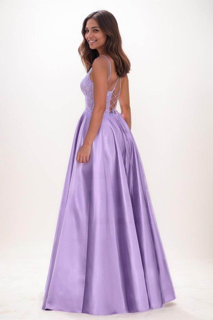 V-Neck Lace Illusion Corset A-Line Satin Prom Dresses CS0780