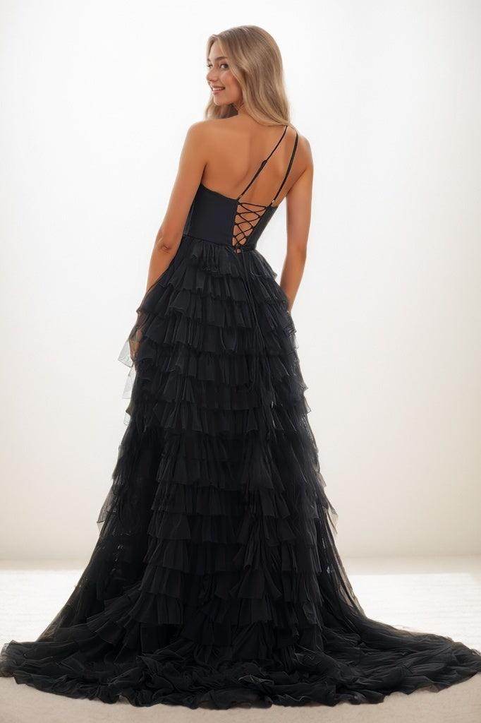 One-Shoulder Tulle Tiered Skirt  High Split Prom Dresses CS0790