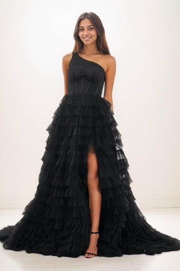 One-Shoulder Tulle Tiered Skirt  High Split Prom Dresses CS0790