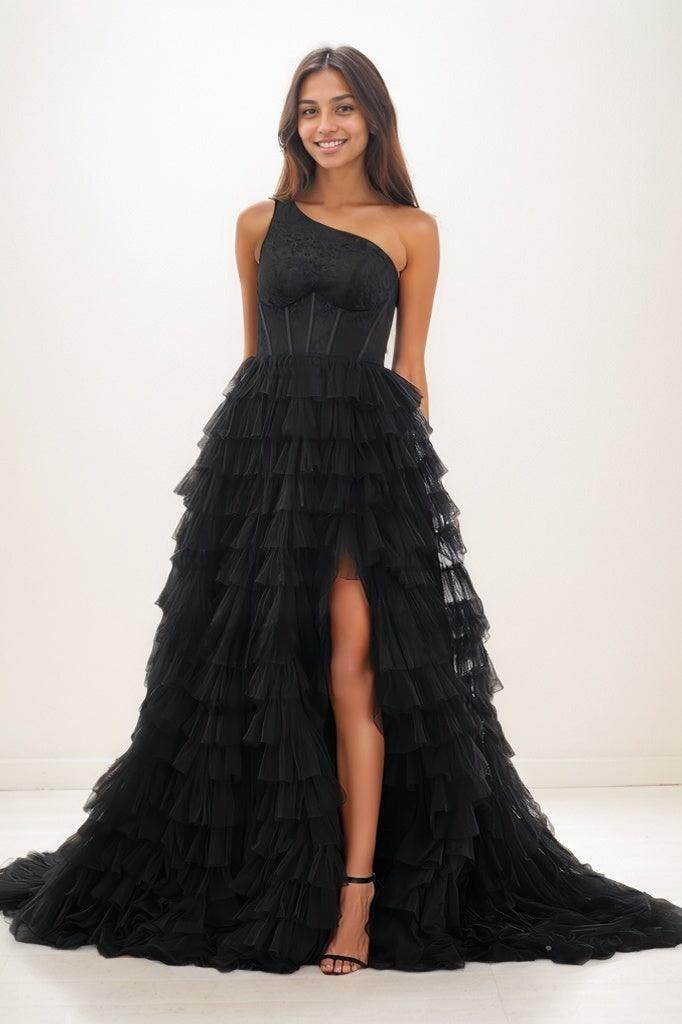 One-Shoulder Tulle Tiered Skirt  High Split Prom Dresses CS0790