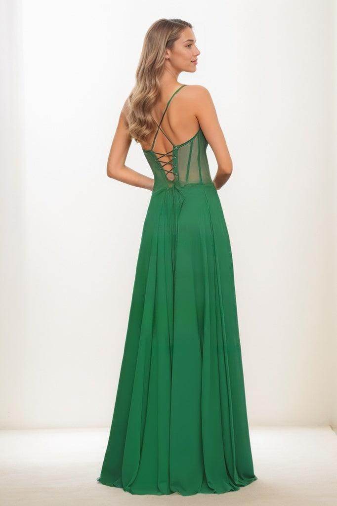 V-Neck Spaghetti Straps Chiffon High Split Prom Dresses CS0794