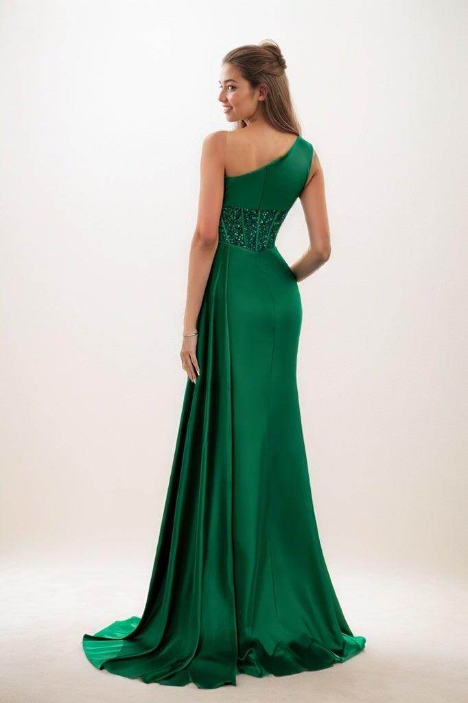 One-Shoulder Sequins High Split Satin Prom Dresses CS0797