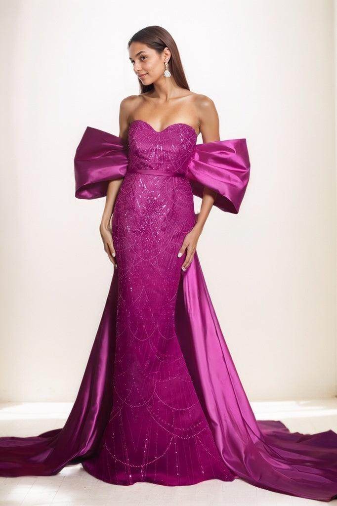 Off-The-Shoulder Sweep Train Satin/Lace Prom Dresses CS0799