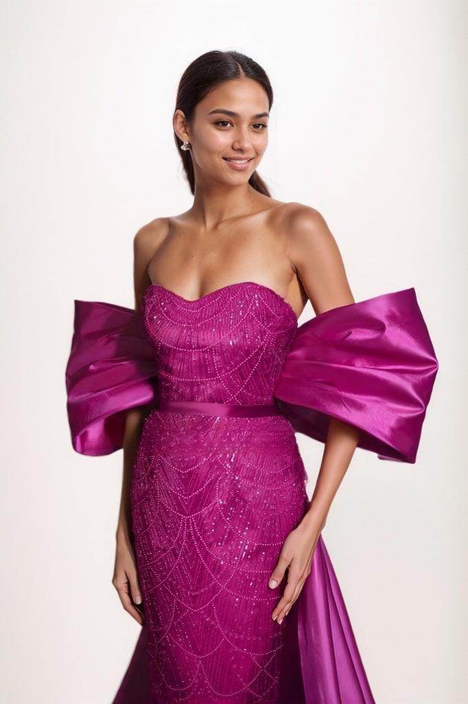 Off-The-Shoulder Sweep Train Satin/Lace Prom Dresses CS0799