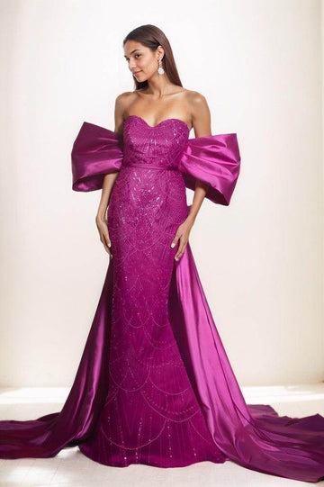 Off-The-Shoulder Sweep Train Satin/Lace Prom Dresses CS0799