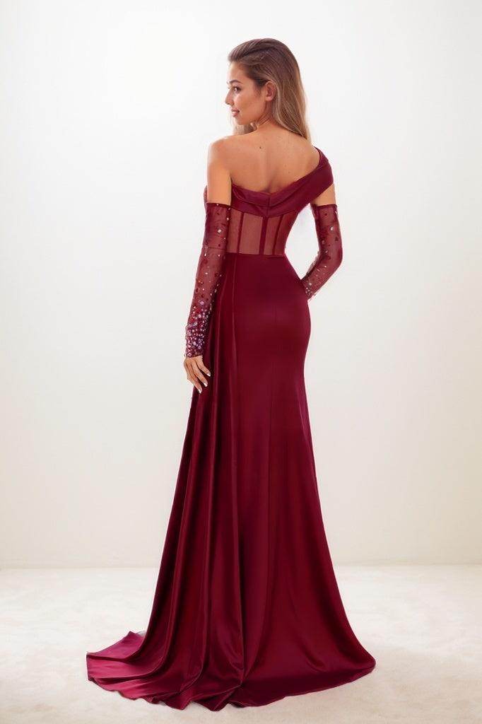 Asymmetrical Neckline Sleeves Sweep Train Prom Dresses CS0804