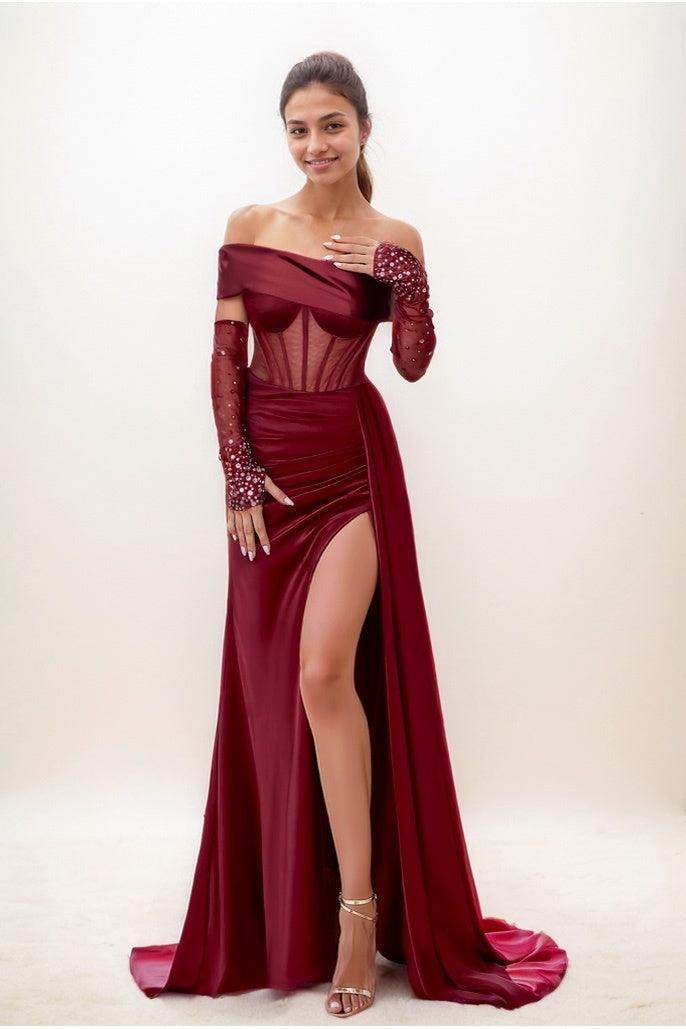 Asymmetrical Neckline Sleeves Sweep Train Prom Dresses CS0804