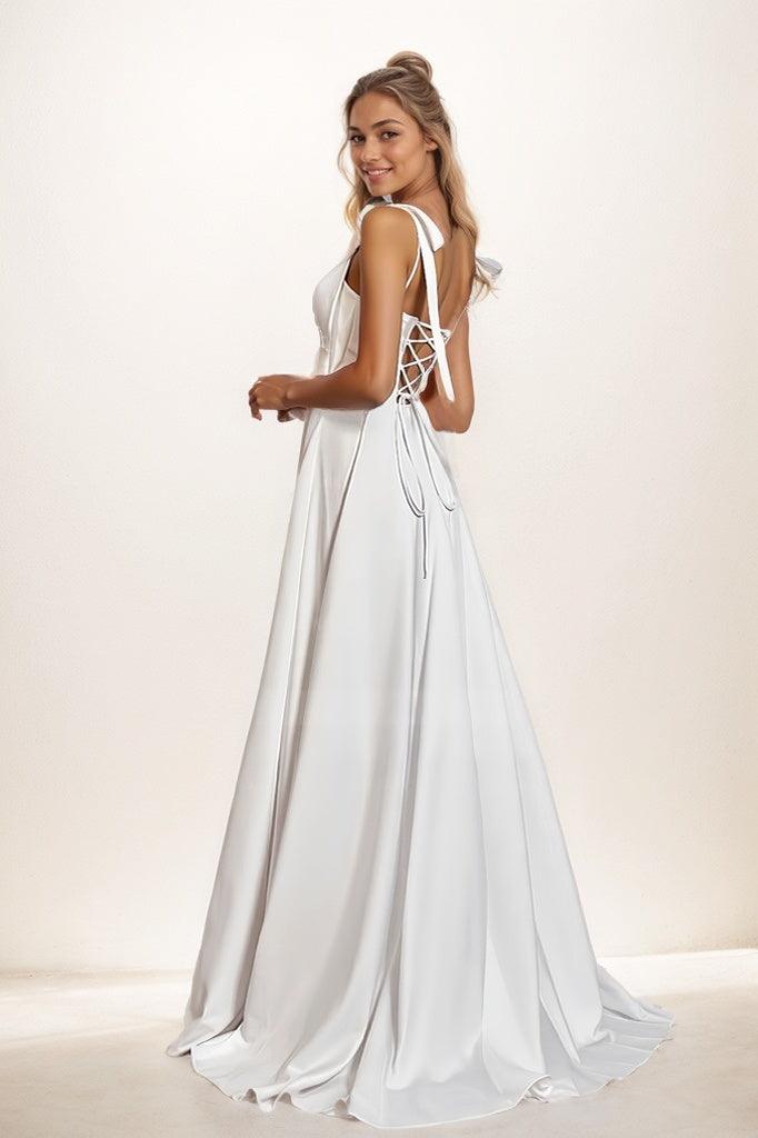 A-Line High Split Sweep Train Matte Satin Prom Dresses CS0807