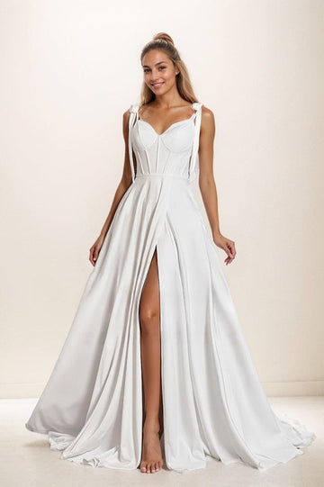 A-Line High Split Sweep Train Matte Satin Prom Dresses CS0807
